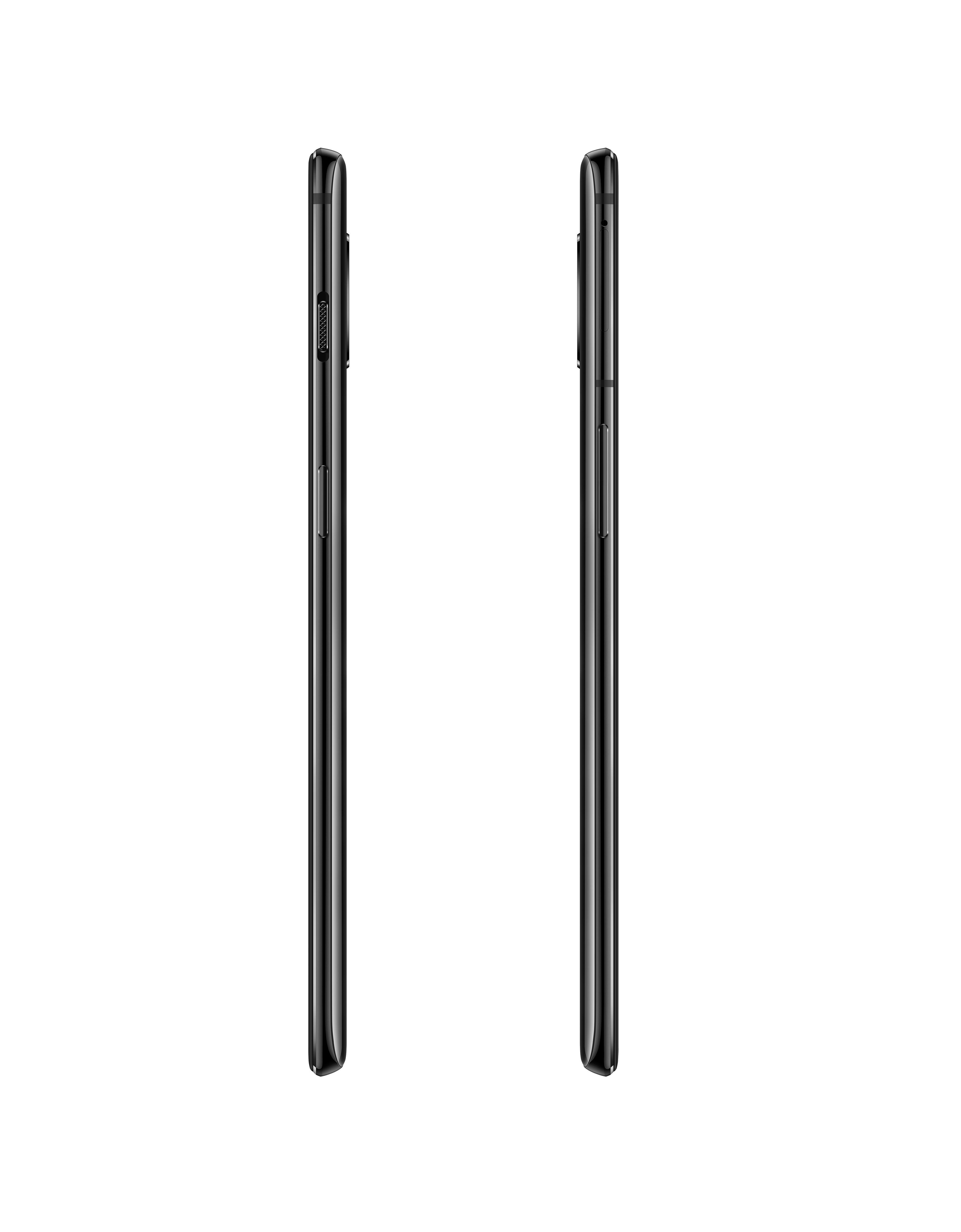 Twee zwarte smartphones, zijaanzicht, witte achtergrond.