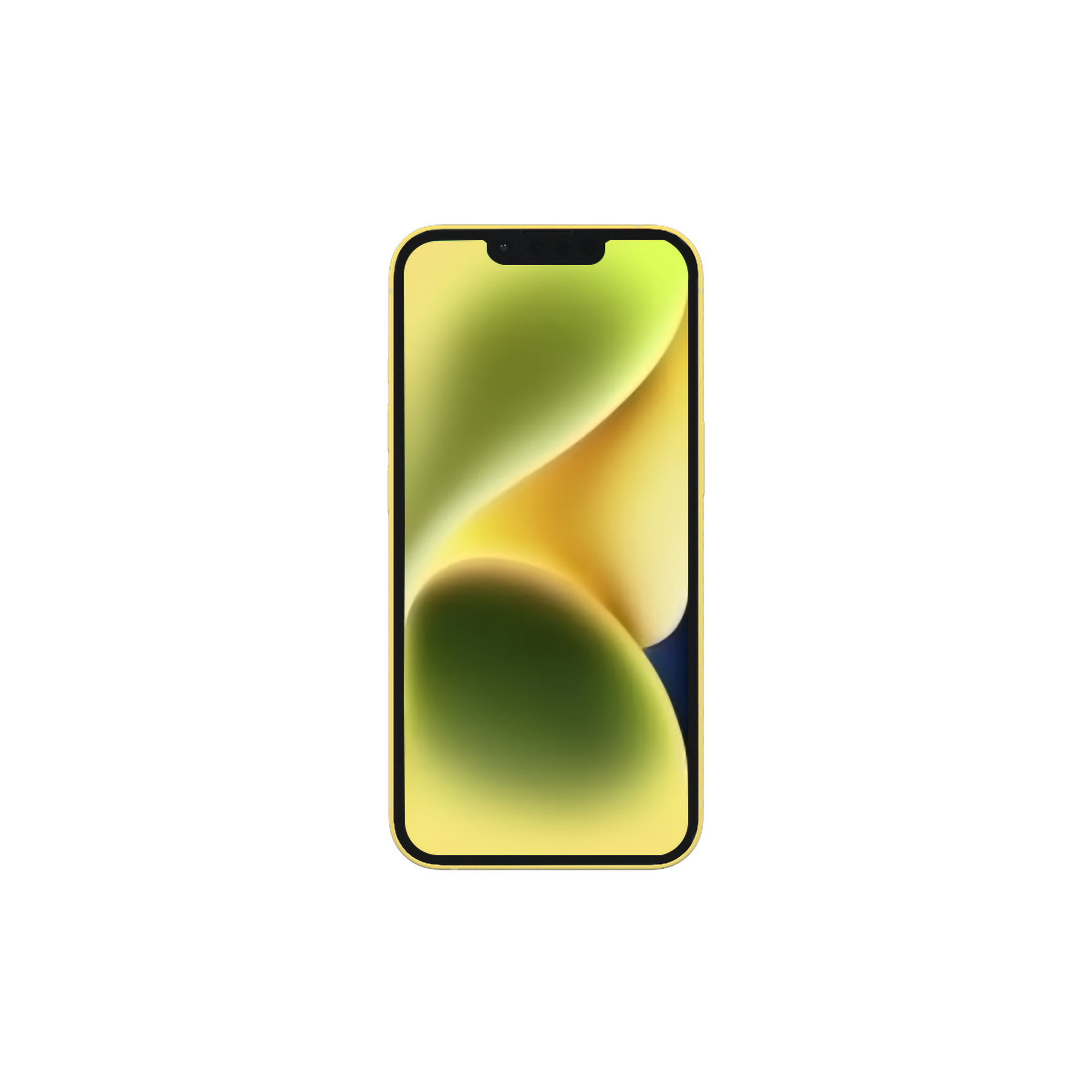 Un iPhone giallo con schermo nero, su sfondo bianco.