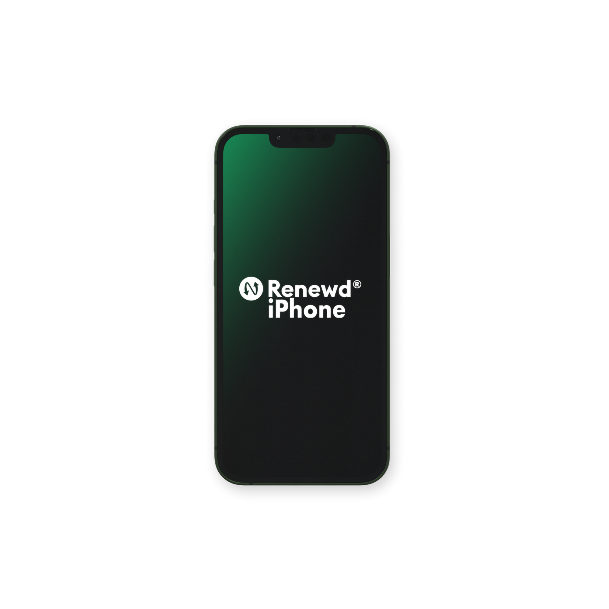 Telefono nero con logo 'Renewd iPhone' sullo schermo. Sfondo bianco.