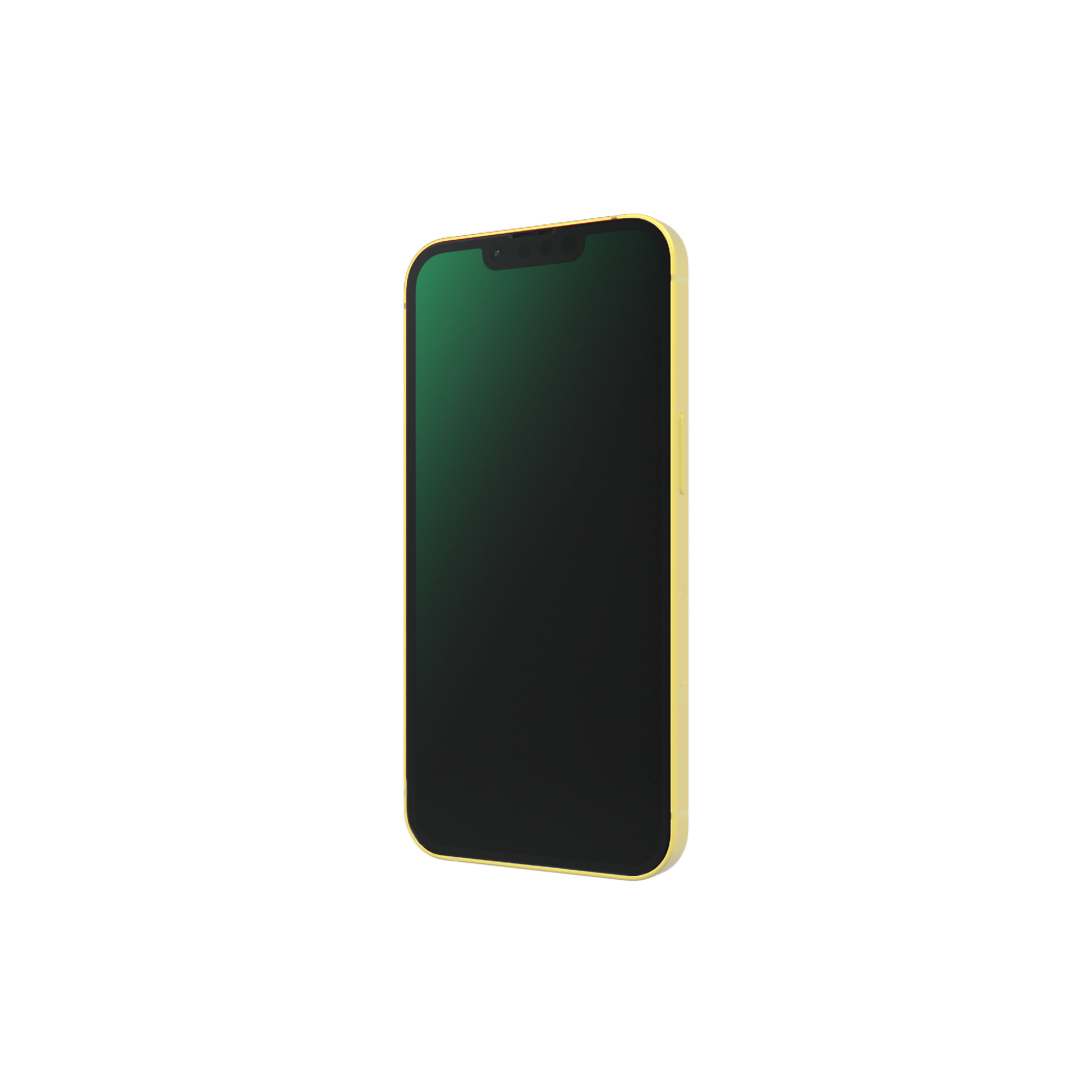 iPhone oro angolato con schermo verde su bianco. Orientamento verticale.