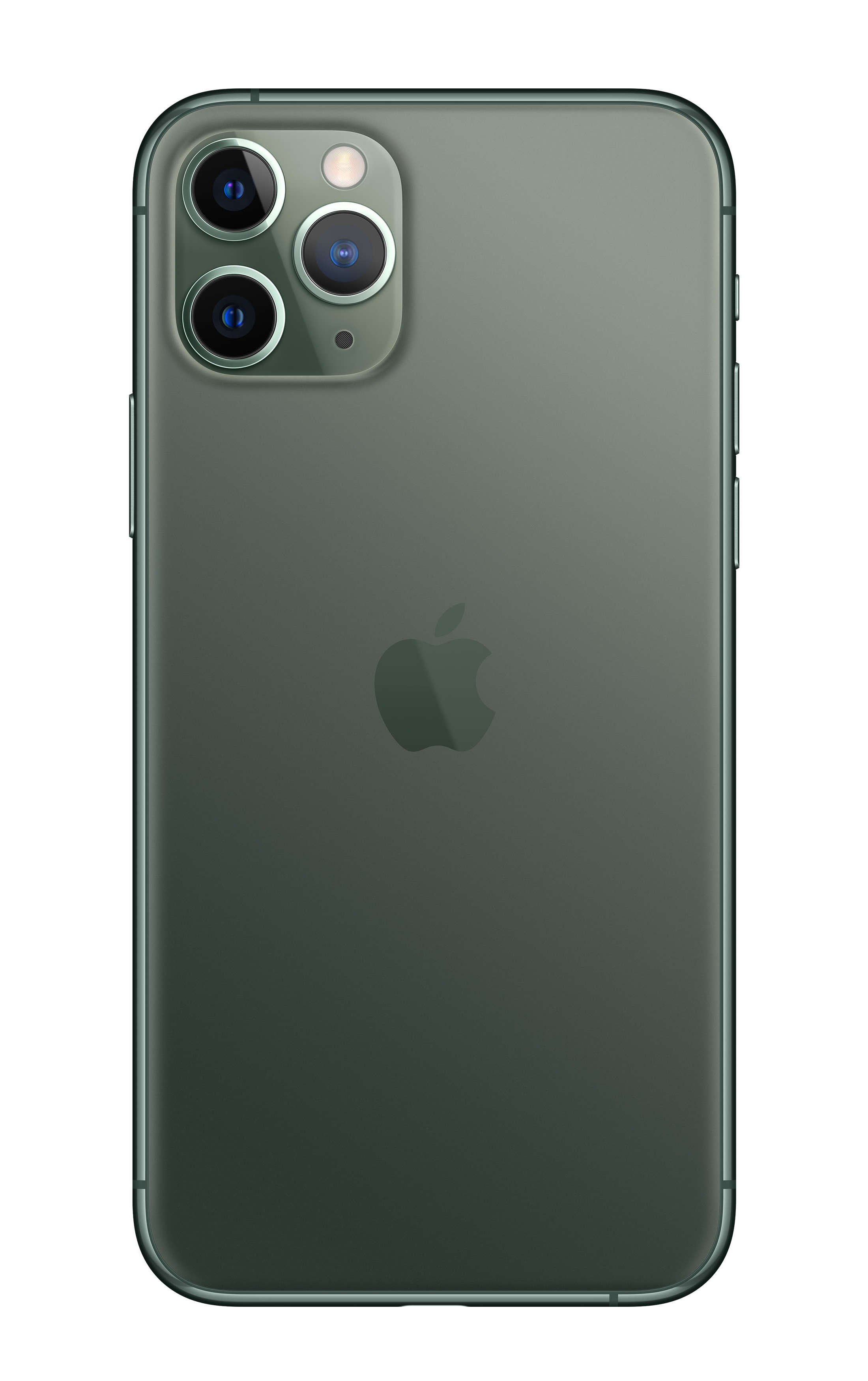 Tył iPhone 11 Pro w kolorze zielonym, z trzema aparatami i logo Apple.