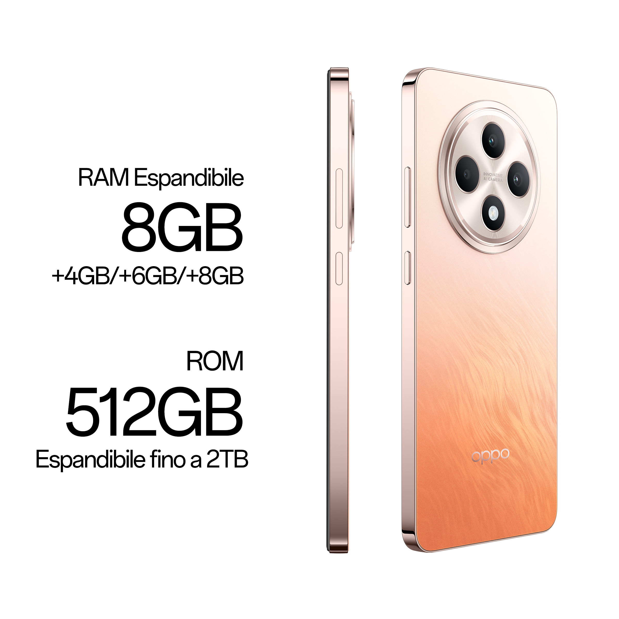 Goldenes Telefon mit Kameramodul und Text mit RAM- und ROM-Details.