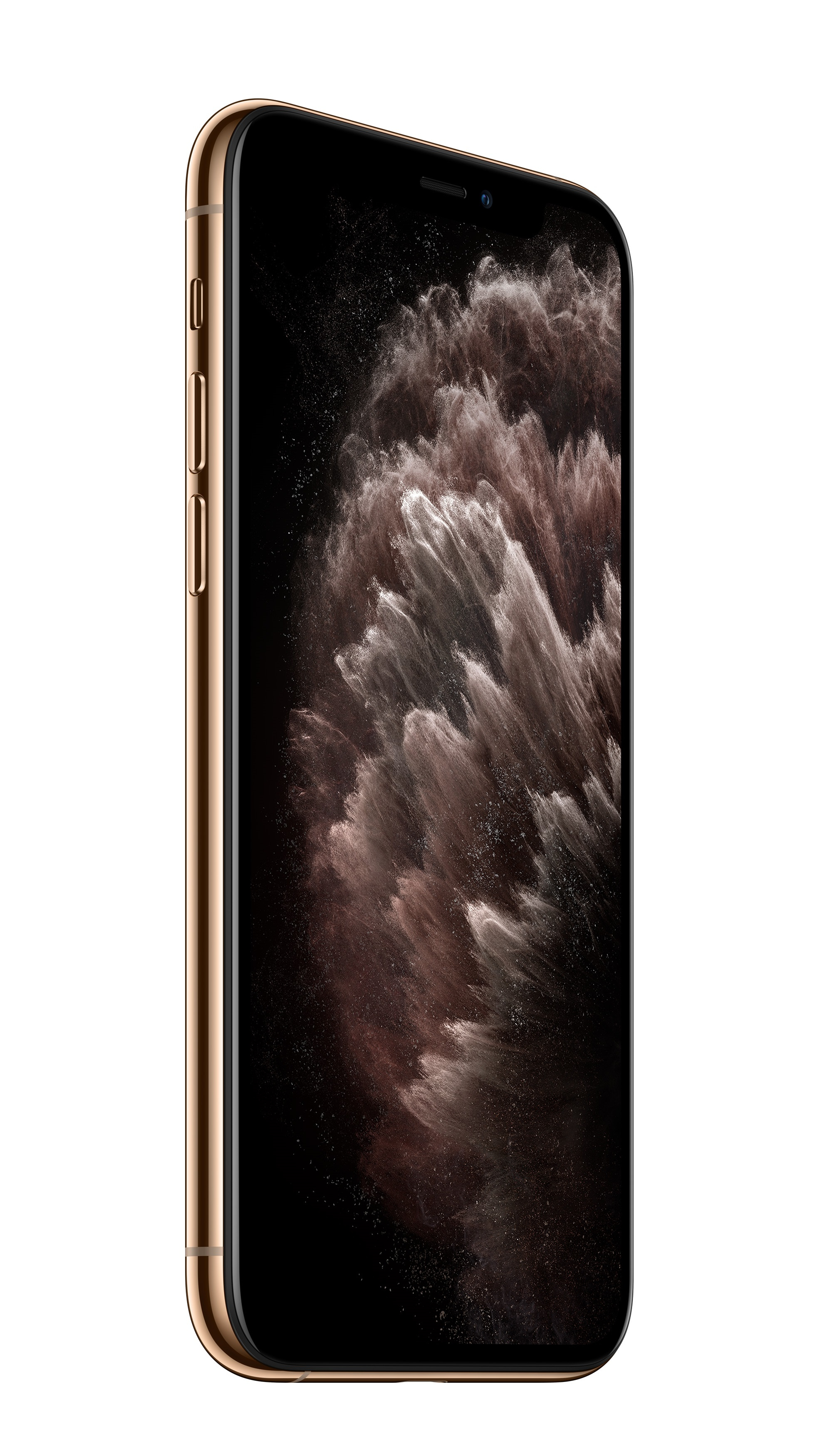 Złoty iPhone z czarnym ekranem, pod kątem na białym tle.