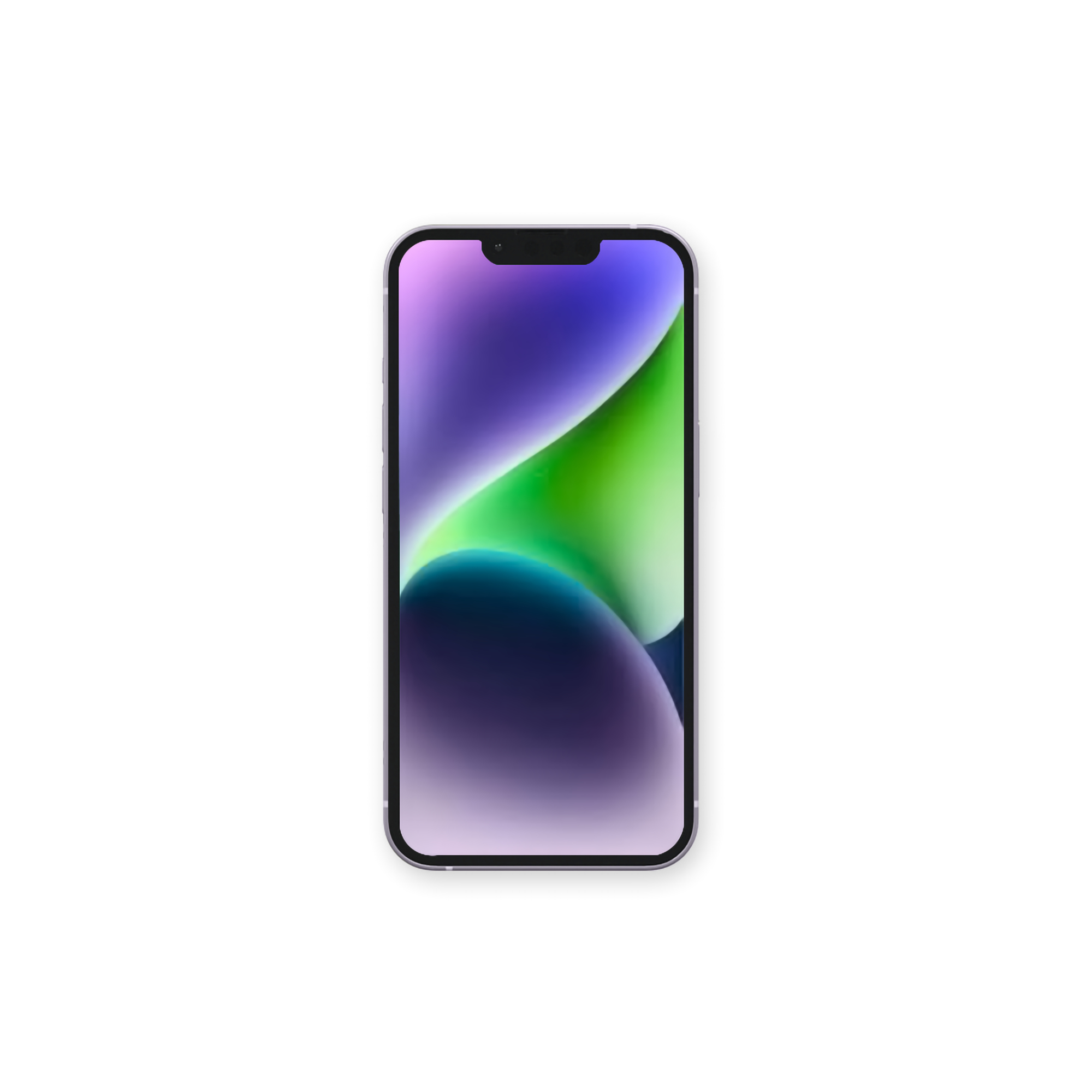 Telefono con uno schermo che mostra un design astratto viola e verde, vista frontale.
