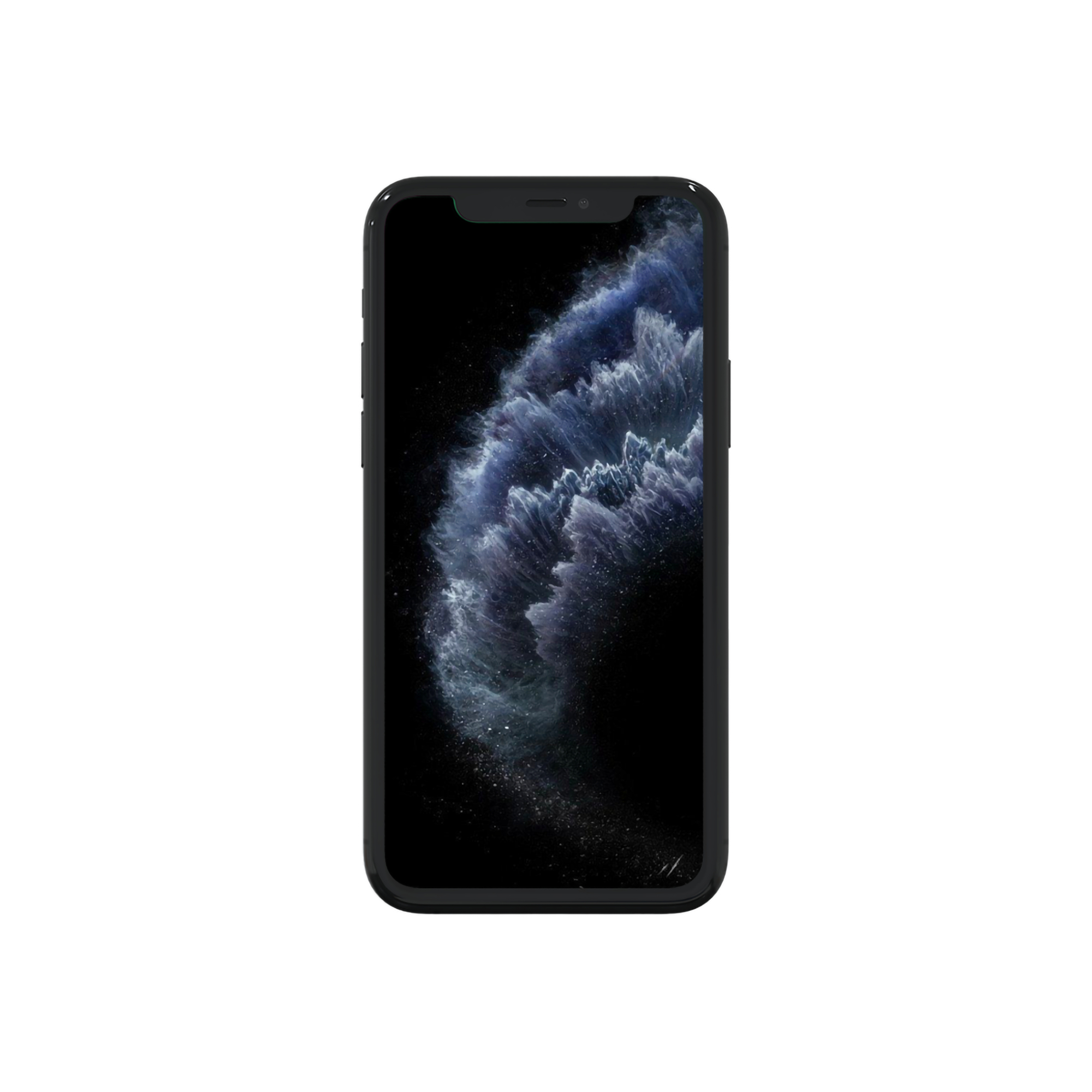Een smartphone met een zwart frame, met een donkere, wolkenachtige achtergrond op het scherm.