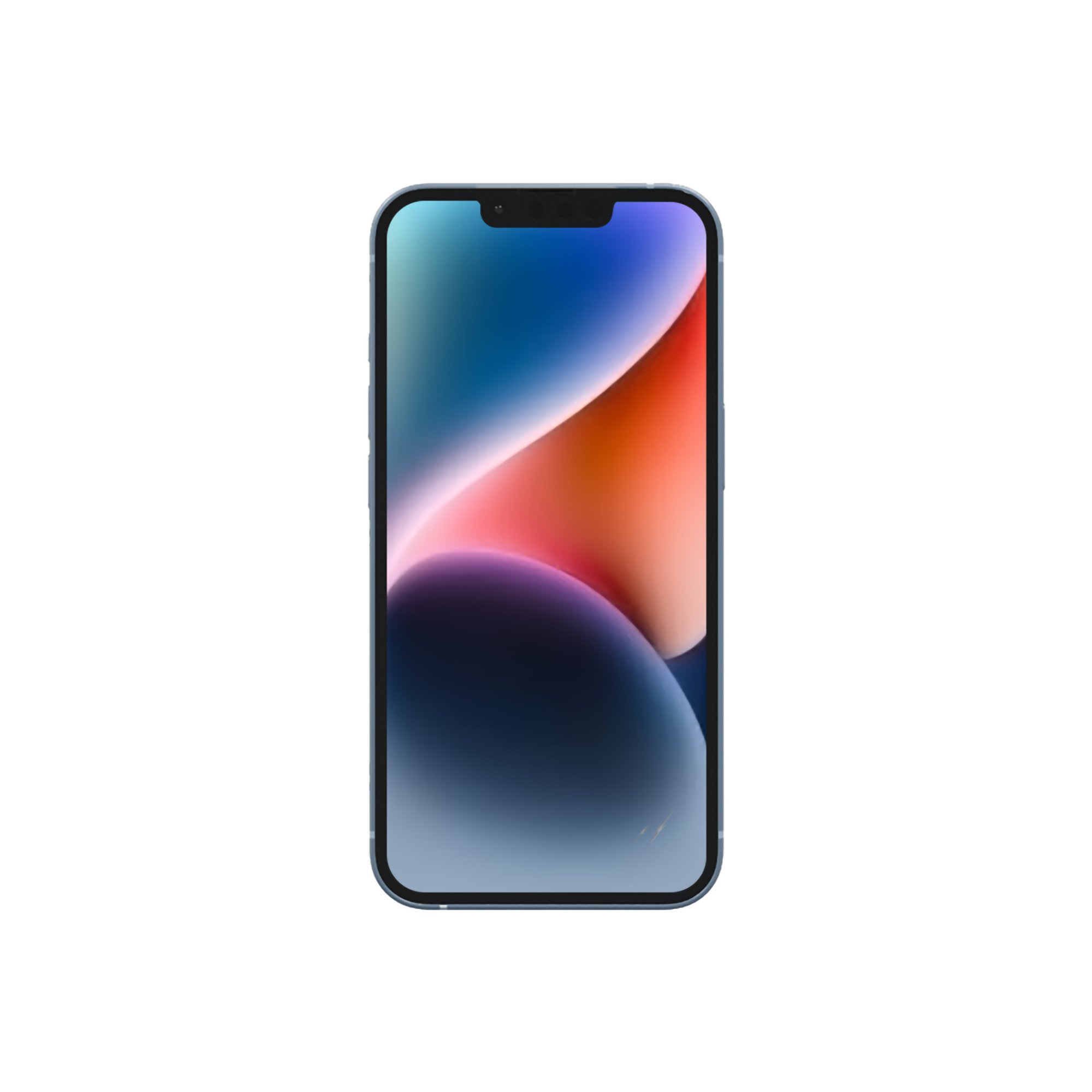 Niebieski iPhone z kolorowym ekranem, odizolowany na białym tle.