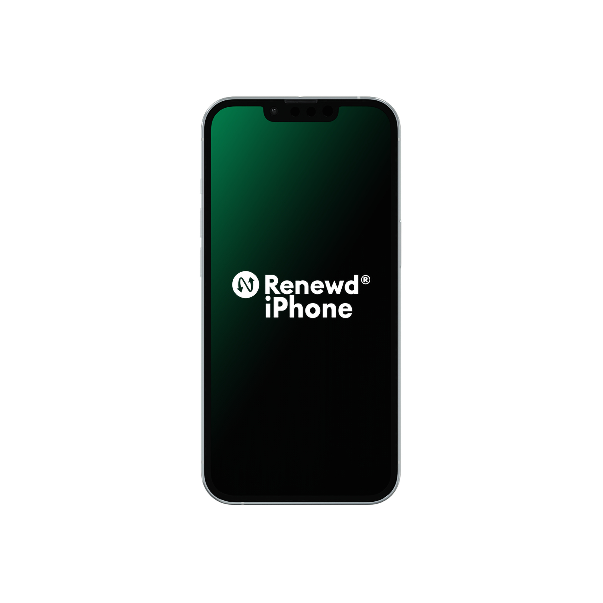 Uno smartphone mostra uno schermo verde con il logo Renewd iPhone. Il telefono è argento, su sfondo bianco.
