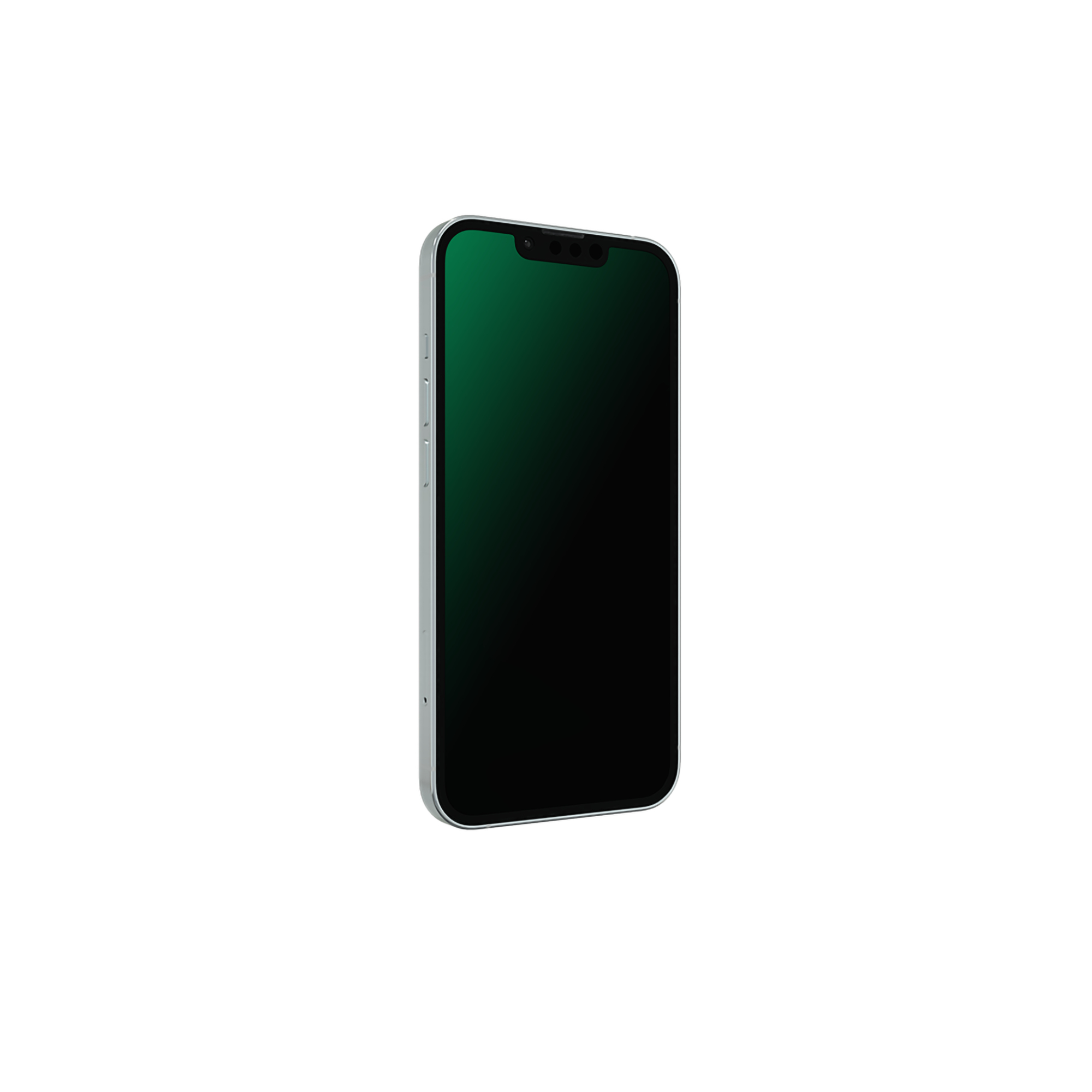 Uno smartphone argentato con schermo verde isolato su sfondo bianco.
