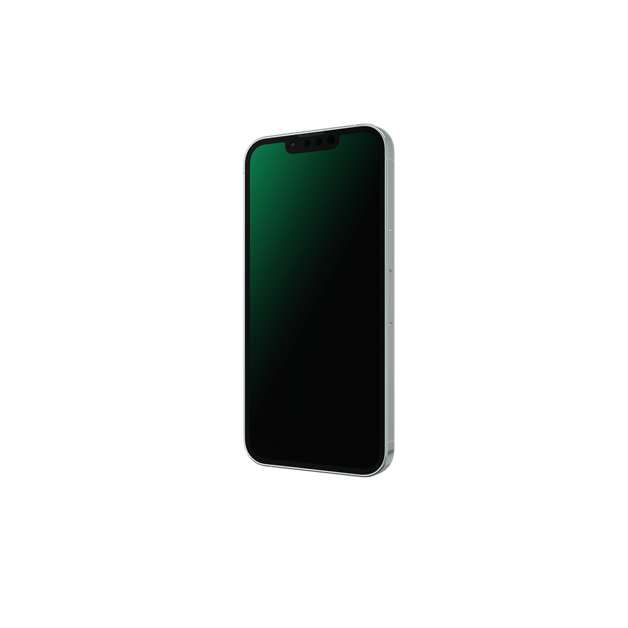 Uno smartphone argentato con schermo verde isolato su sfondo bianco.