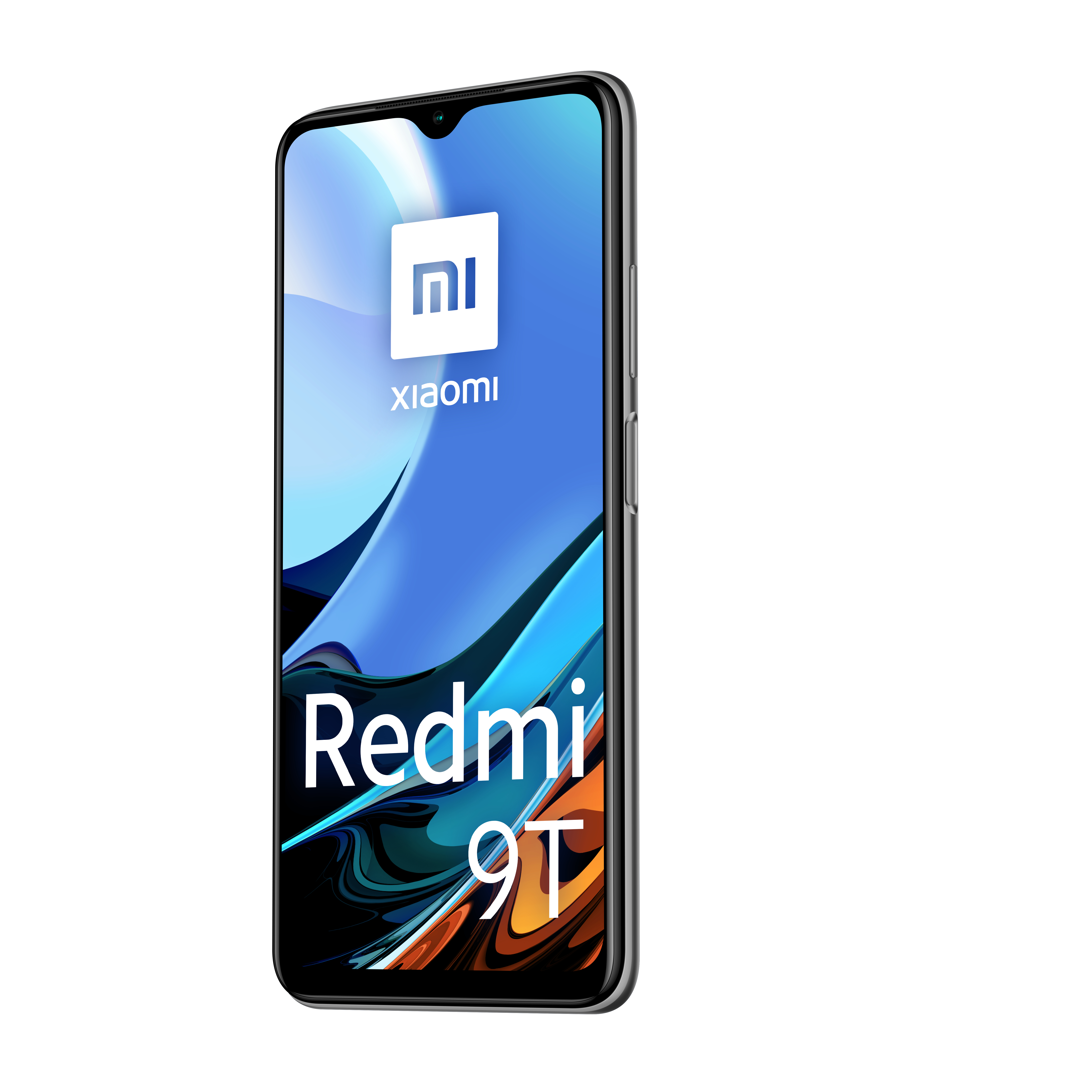 Un telefono Redmi 9T. Il telefono visualizza il logo Xiaomi e il testo Redmi 9T sullo schermo.