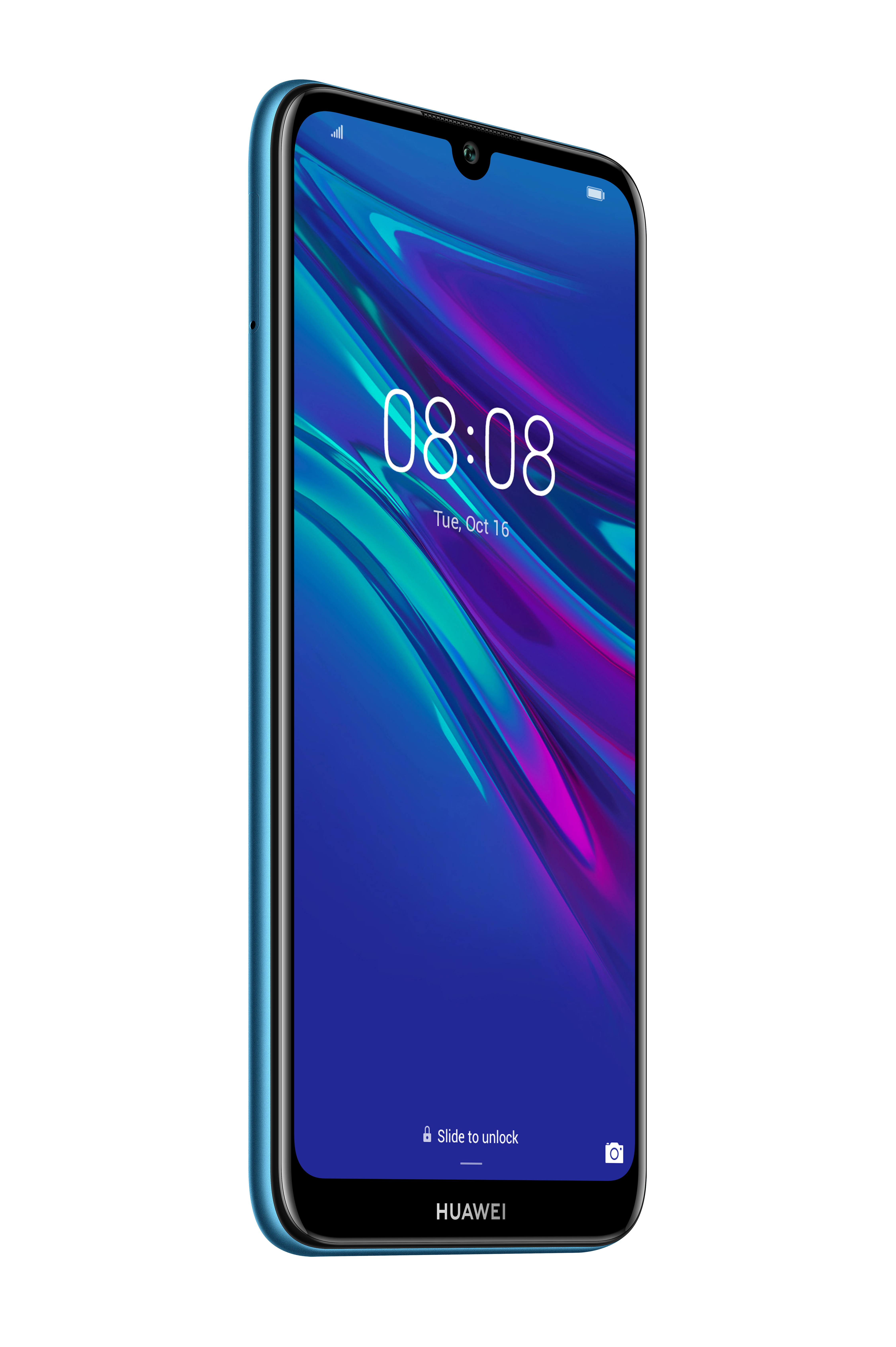 Niebieski smartfon z dużym ekranem pokazującym godzinę i ikonę kłódki.