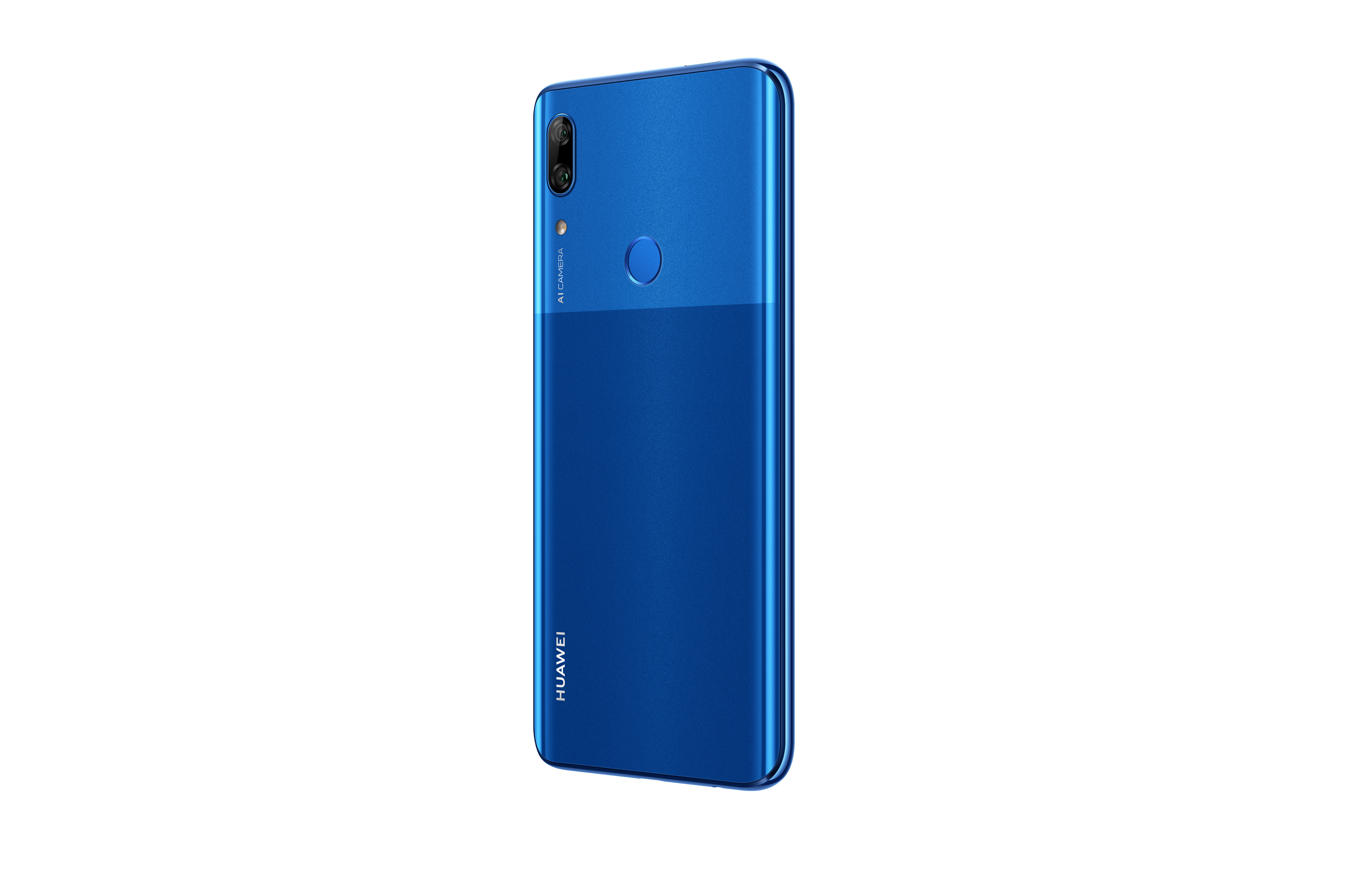 Ein blaues Telefon, das die Rückseite mit Dual-Kamera und rundem Fingerabdrucksensor zeigt.