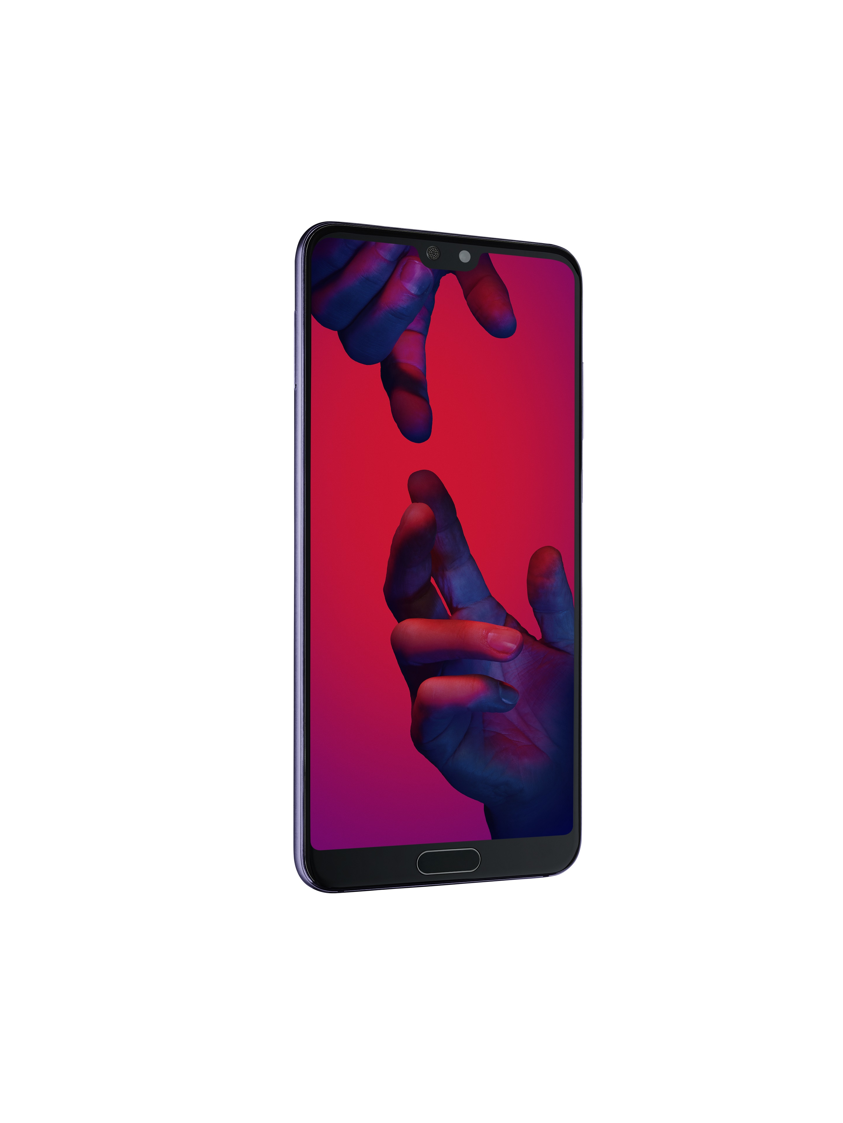 Telefon z dłońmi na ekranie. Czerwone i fioletowe tło gradientowe. Czarna ramka. Izolowany na białym tle.