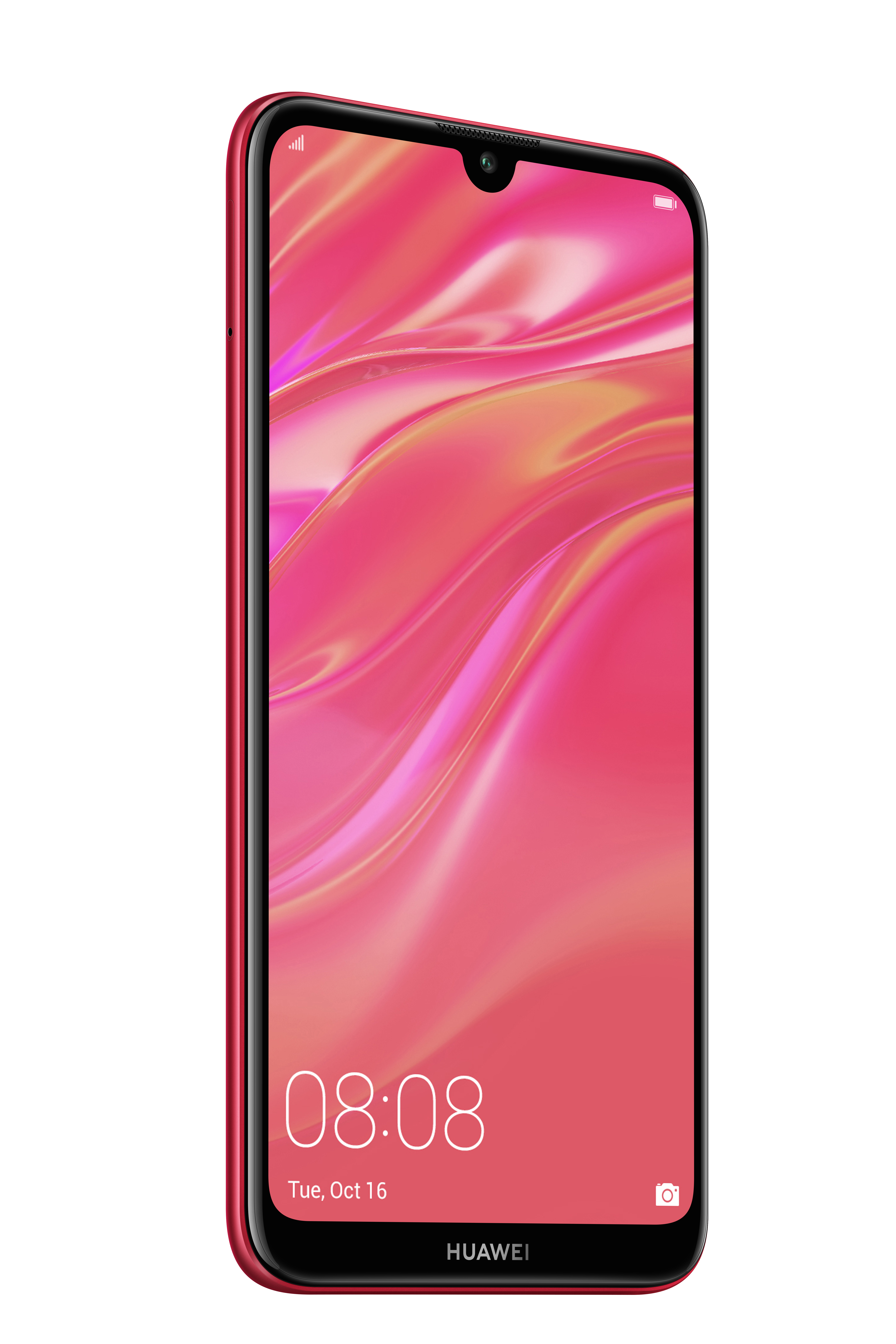Rotes Huawei Smartphone. Bildschirm zeigt roten Hintergrund mit Zeit und Datum. Schwarzer Rahmen.