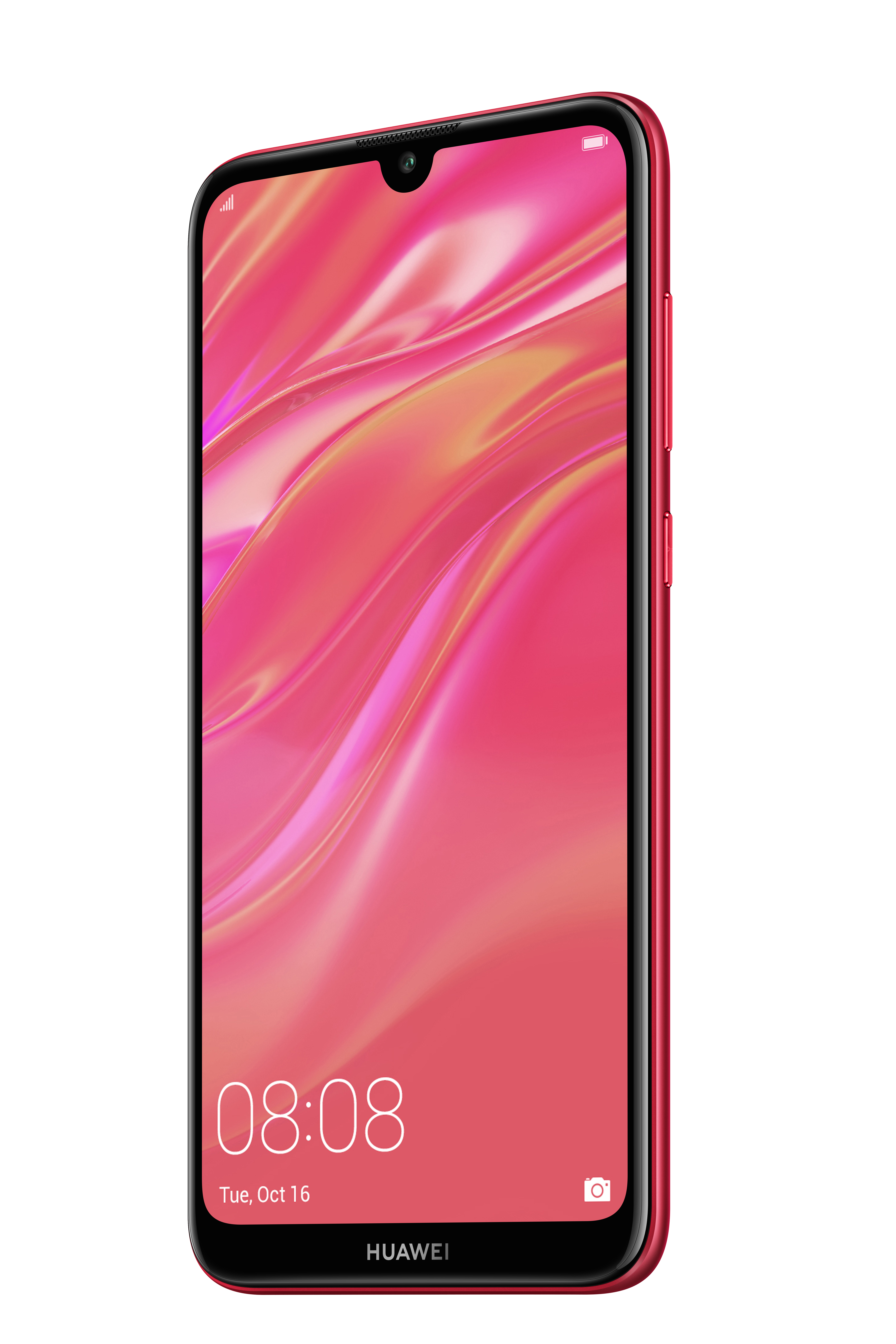 Rotes Smartphone mit pinkfarbenem Bildschirm. Der Bildschirm zeigt Uhrzeit und Datum. Roter Rahmen mit Kamera.