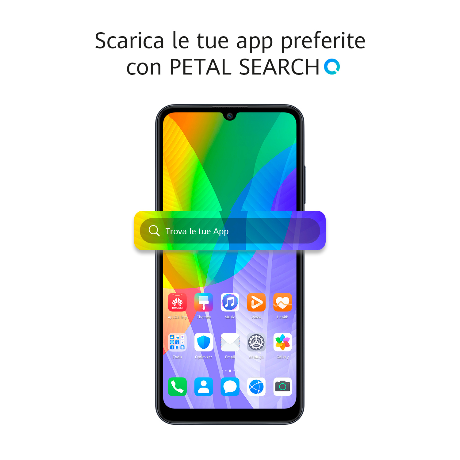Ein Telefon, das eine Suchleiste mit italienischem Text und Symbolen auf weißem Hintergrund zeigt.