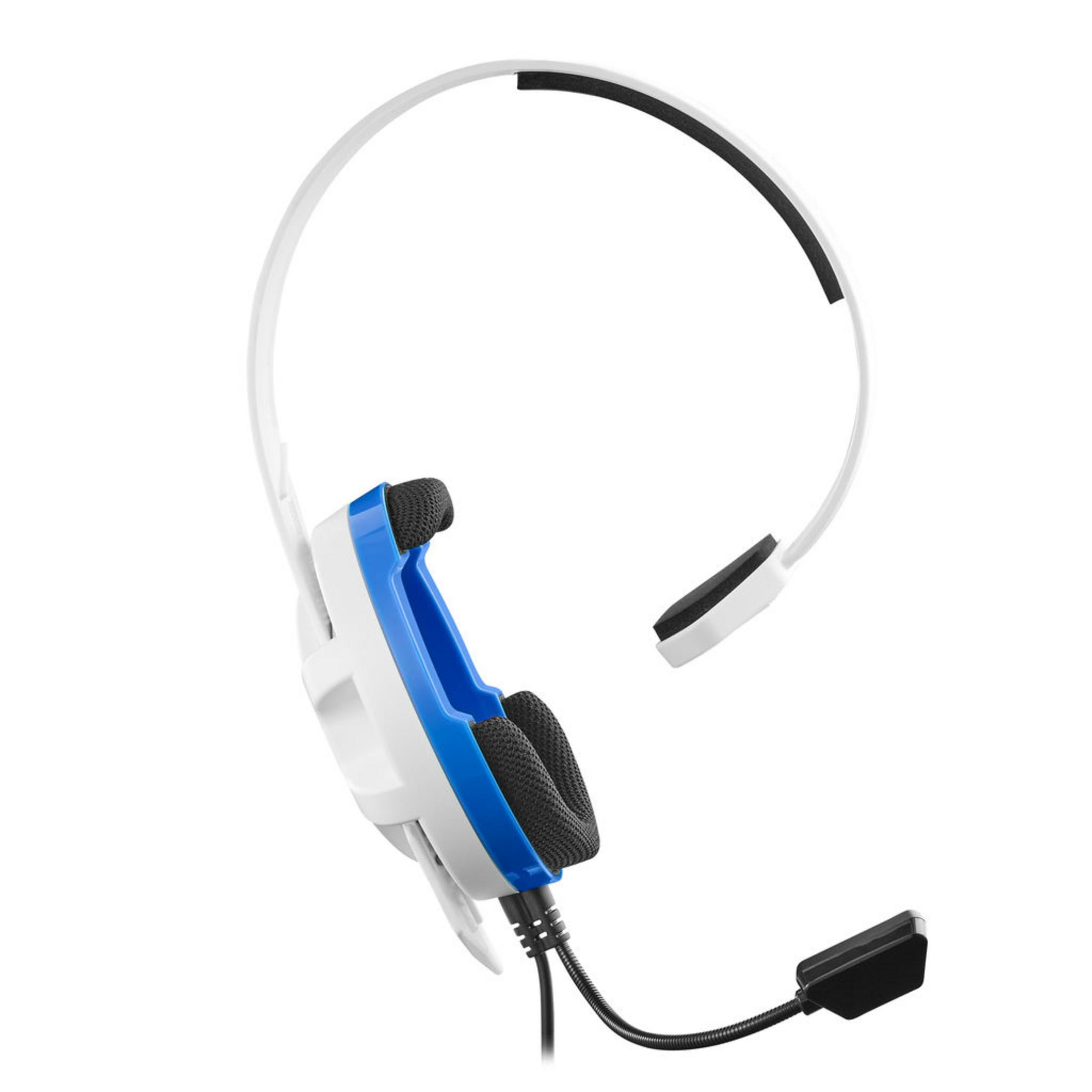 Cuffie bianche e blu con microfono. Il design è moderno ed elegante.