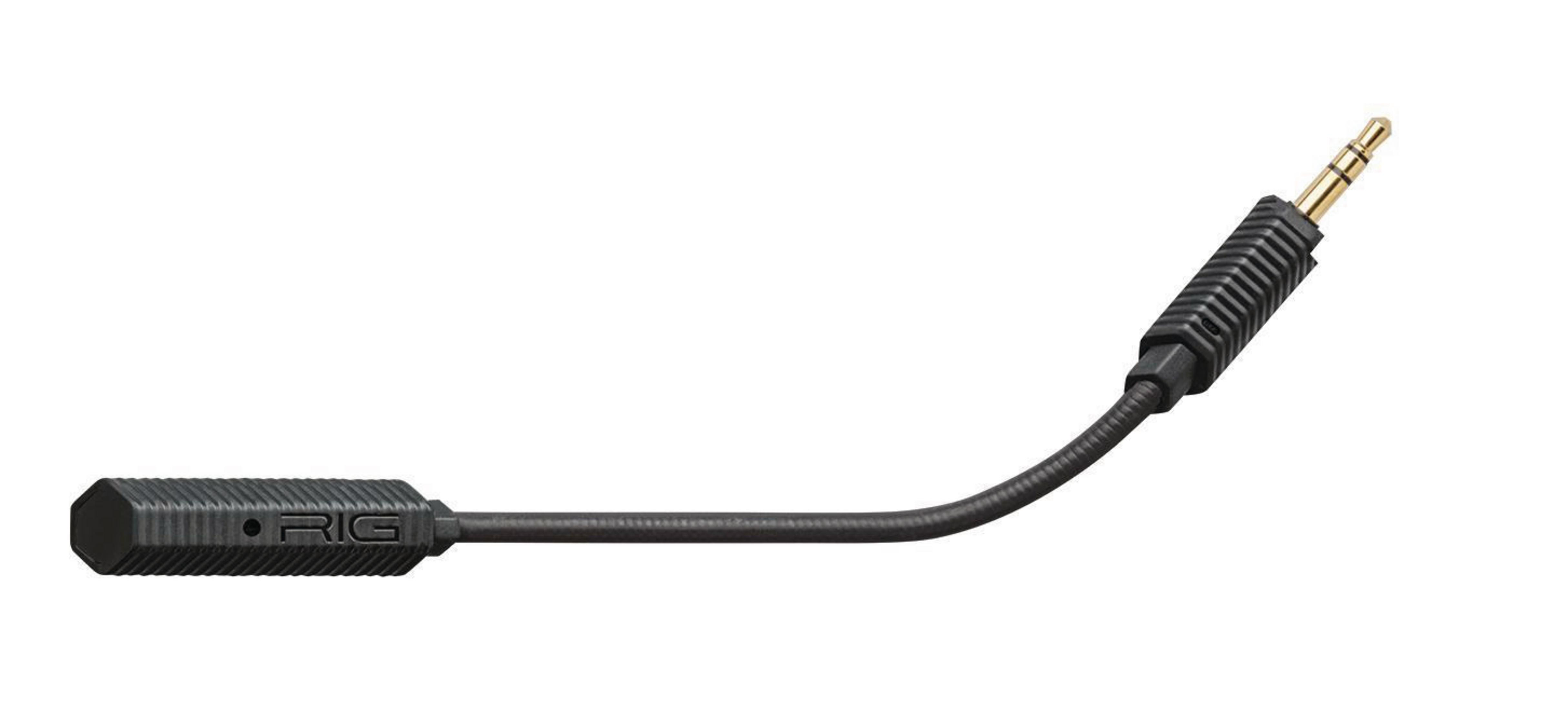Un cable de audio negro con un conector jack de 3,5 mm y un conector negro con la marca RIG.