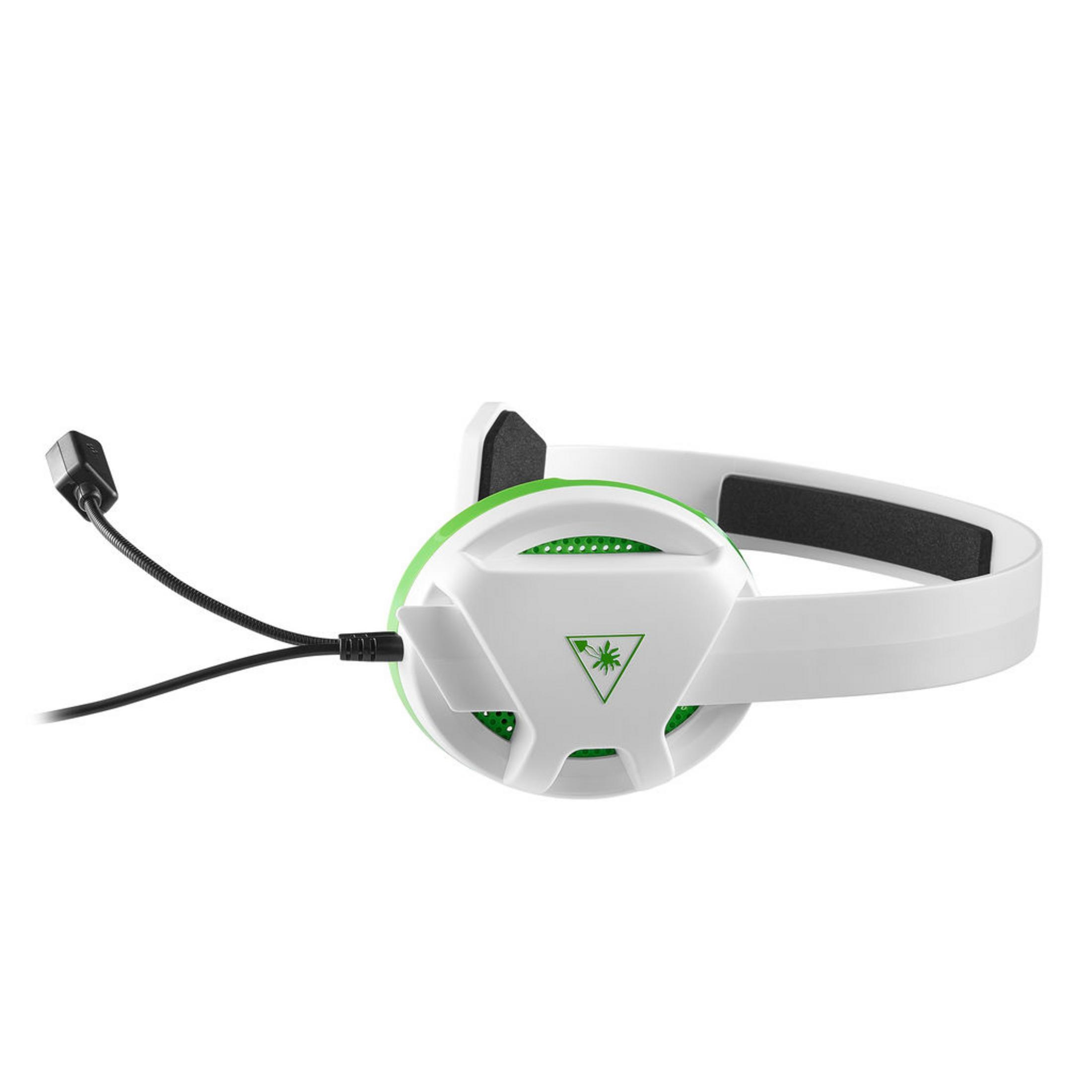 Auriculares gaming blancos y verdes. Muestra las orejeras, micrófono y diadema.