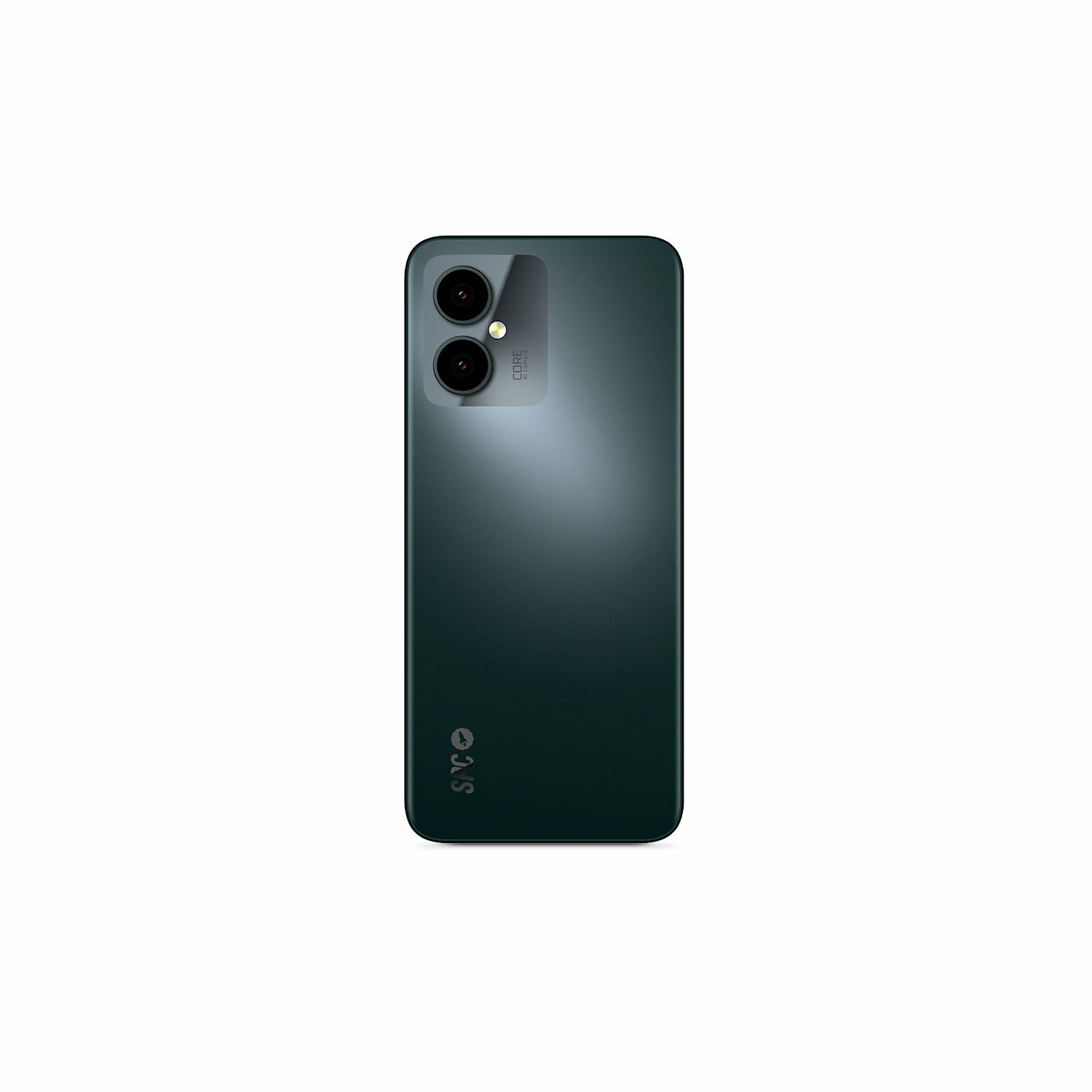 Retro di uno smartphone verde scuro con doppia fotocamera, il logo SPC e la scritta 'CORE'.