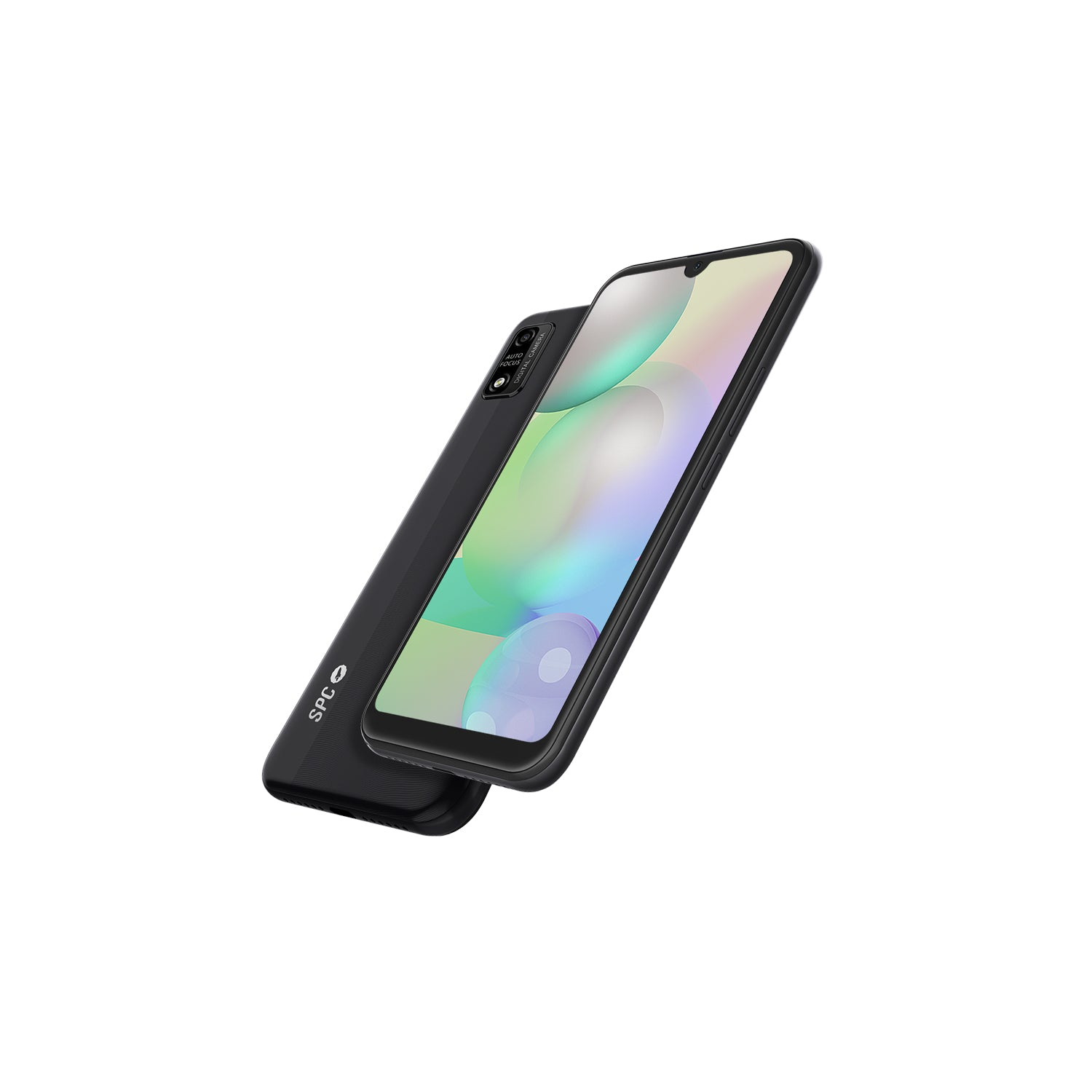 Un teléfono SPC negro, mostrando la parte trasera y la pantalla con una visualización colorida.
