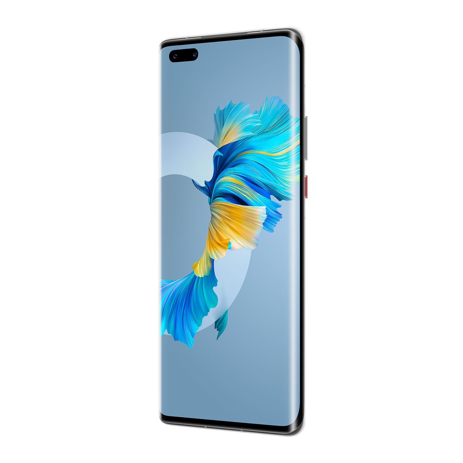Smartphone mit großem Bildschirm. Verfügt über ein blaues, gelbes und weißes Design. Weißer Hintergrund.