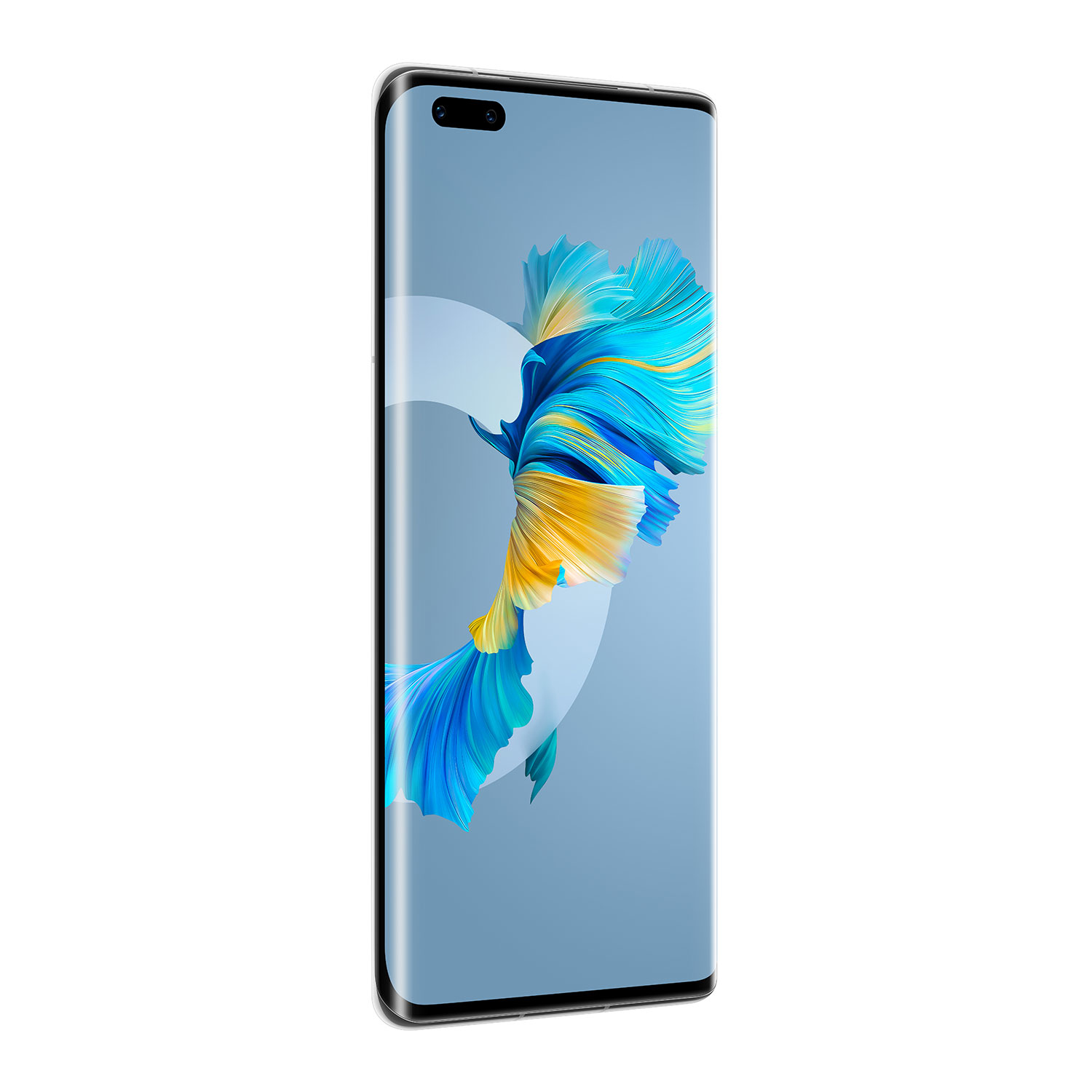 Ein Smartphone mit blau-gelbem floralem Design auf dem Bildschirm, schräge Ansicht.