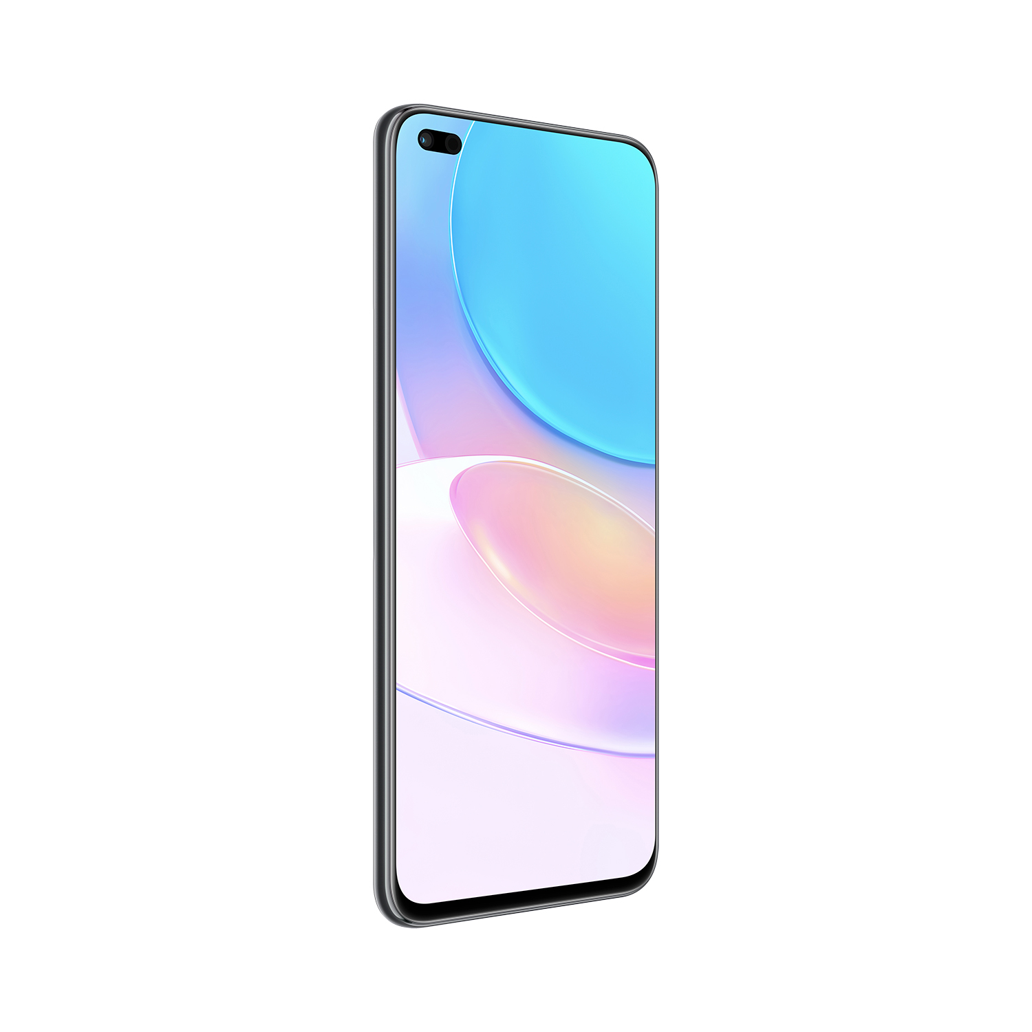 Ein silbernes Telefon mit blauem und rosa Farbverlauf. Das Telefon hat einen schwarzen Rahmen und eine Frontkamera.