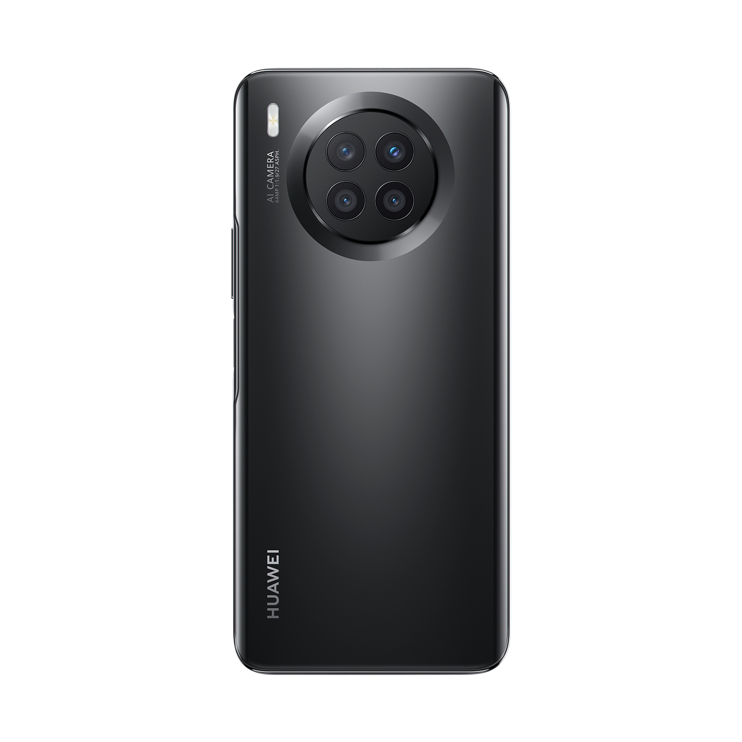 Schwarze Smartphone-Rückseite mit mehreren Kameras und dem Wort HUAWEI, freigestellt auf Weiß.