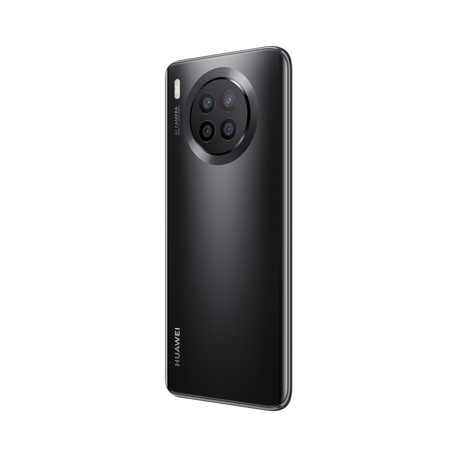 Rückansicht eines schwarzen Smartphones mit Kameraanordnung und Markenlogo auf weißem Grund.