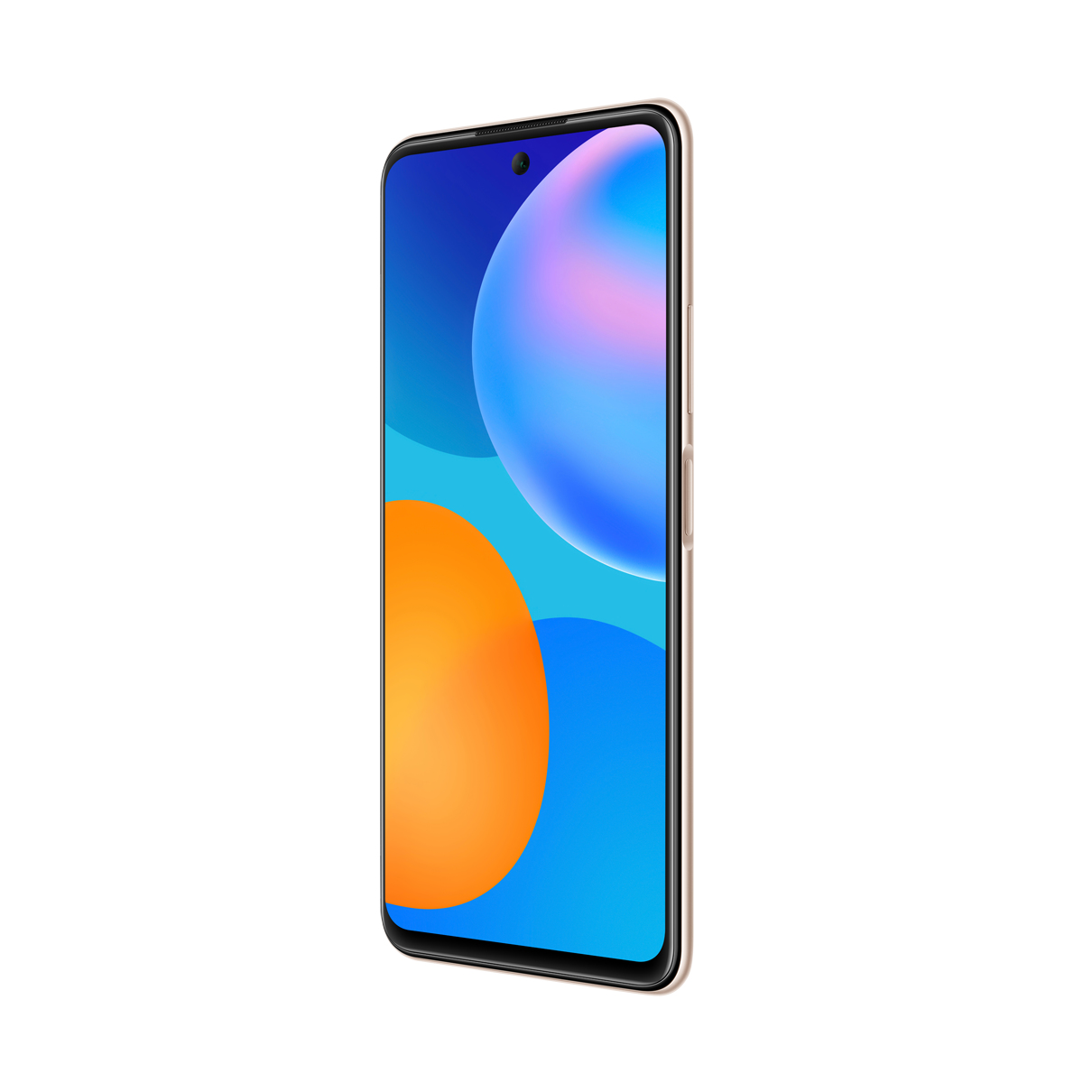Goldenes Smartphone, das einen abstrakten blauen und orangen Bildschirm zeigt. Seitenansicht.