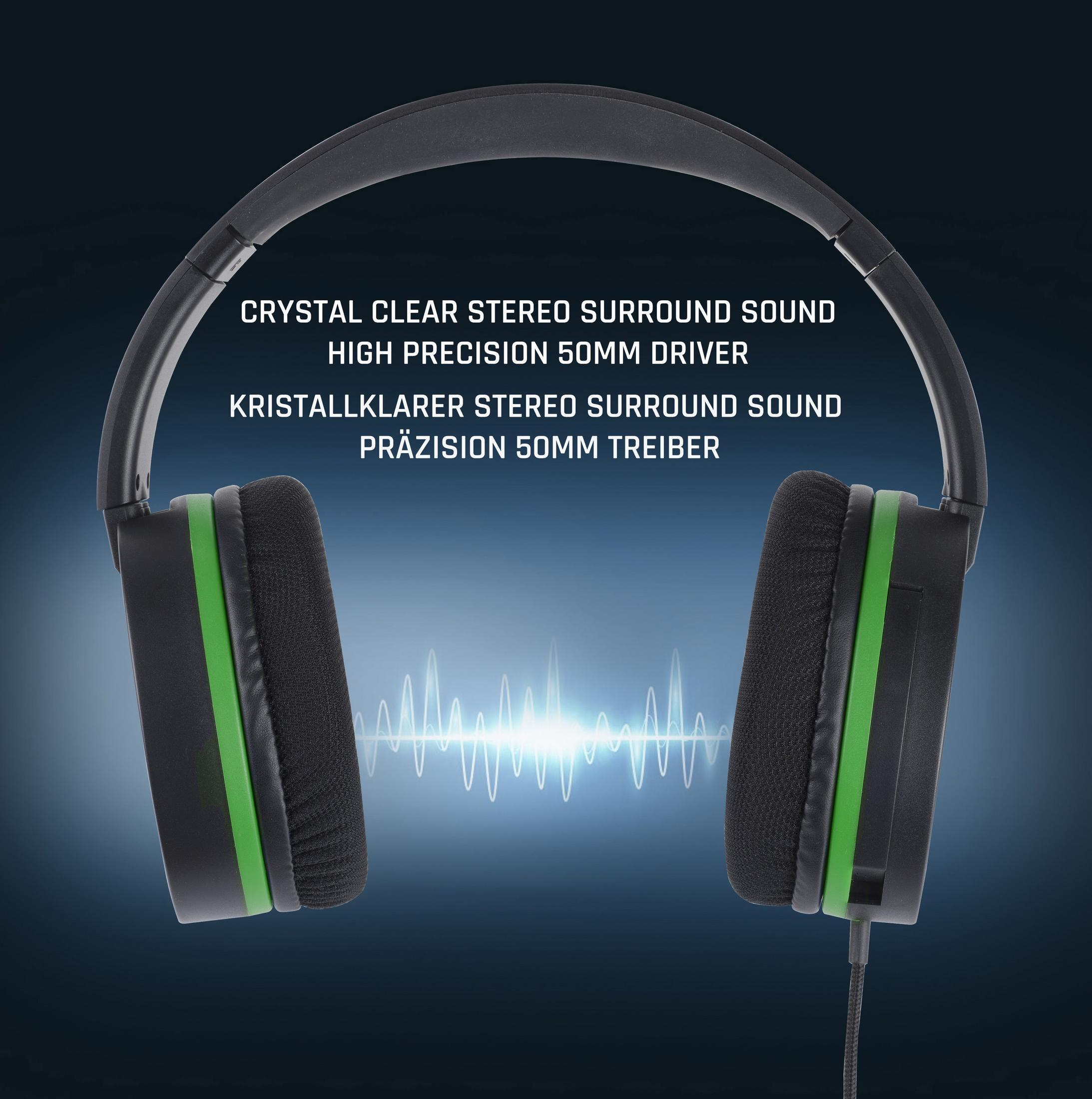 Casque noir et vert avec texte: son surround stéréo cristallin, haut-parleur 50 mm haute précision.