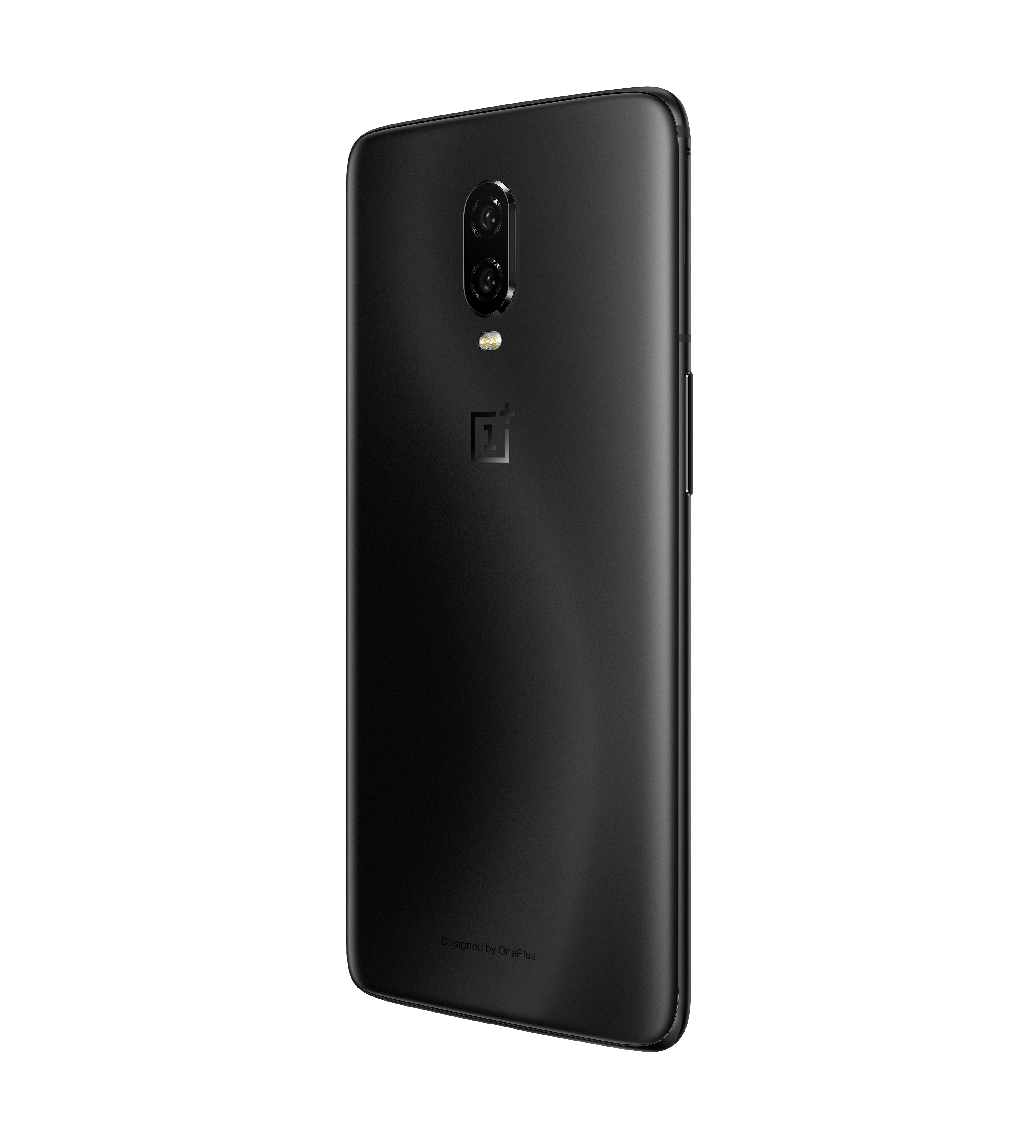 Retro del telefono nero con doppia fotocamera e logo. Progettato da OnePlus.