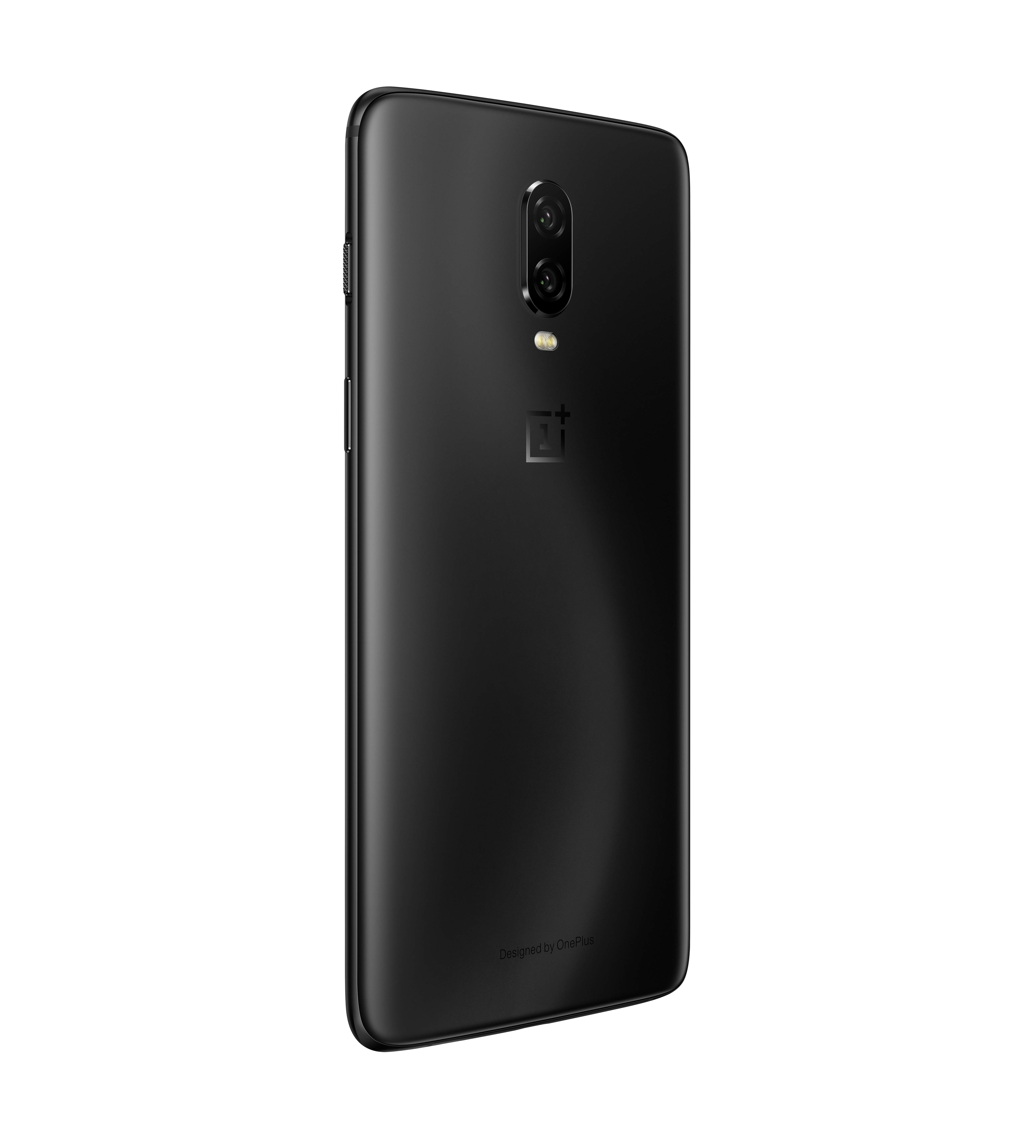 Retro di telefono nero con due fotocamere su superficie bianca, logo OnePlus.