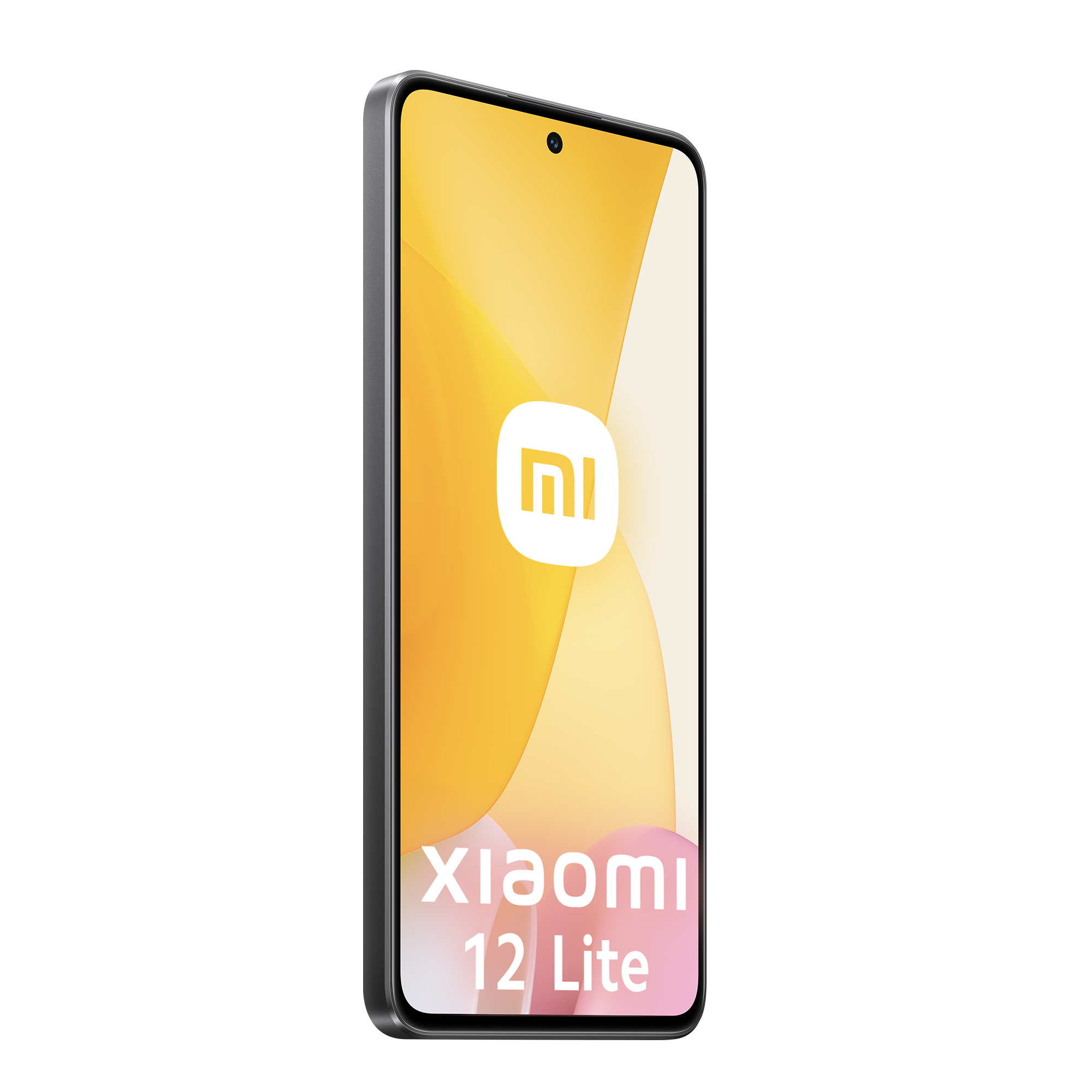 Smartfon z logo Xiaomi 12 Lite na ekranie. Białe tło.
