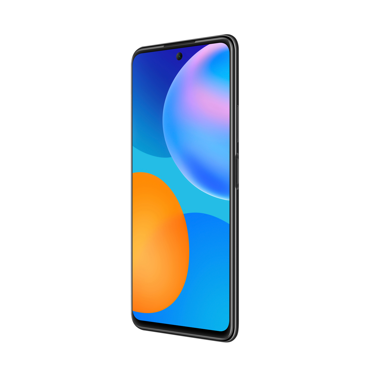 Schwarzes Smartphone mit farbenfrohem Bildschirm, zeigt abstrakte Formen, schwarze Ränder und Kamera.