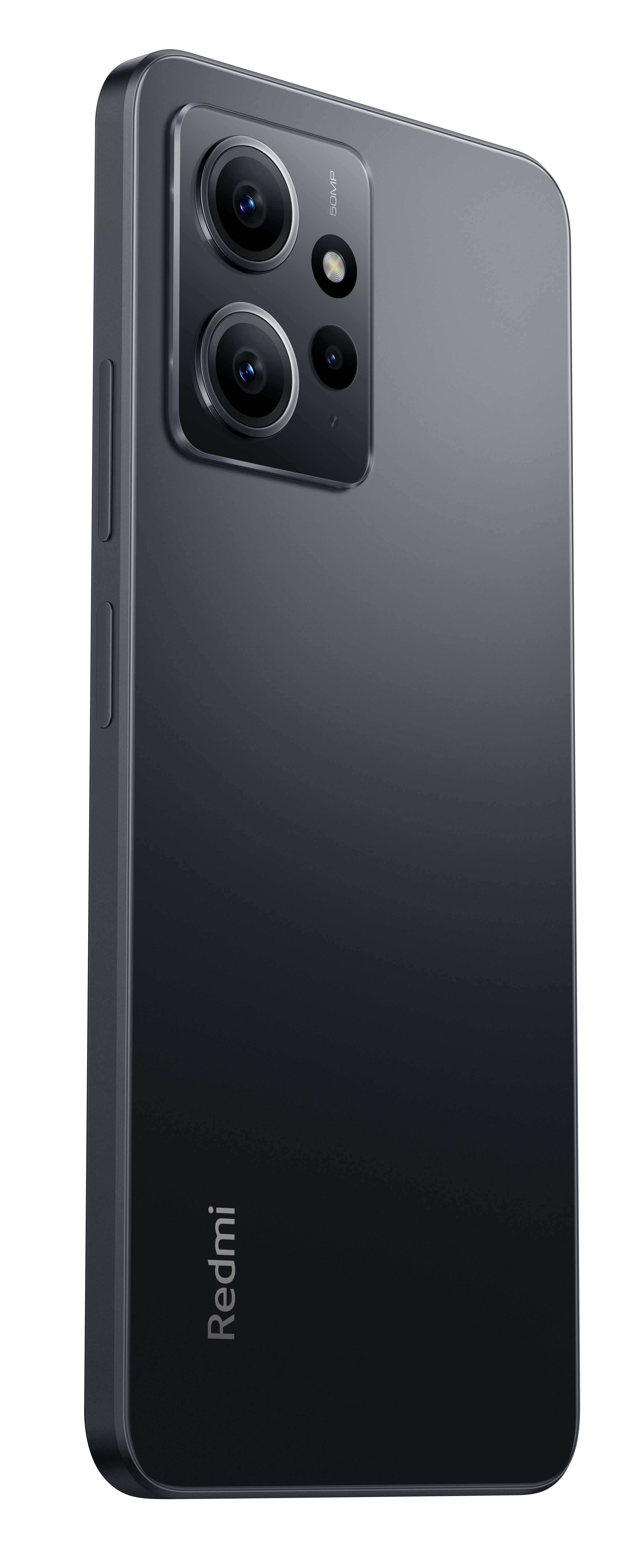 Czarny telefon z tyłu, pokazujący kamery i logo Redmi. Białe tło.