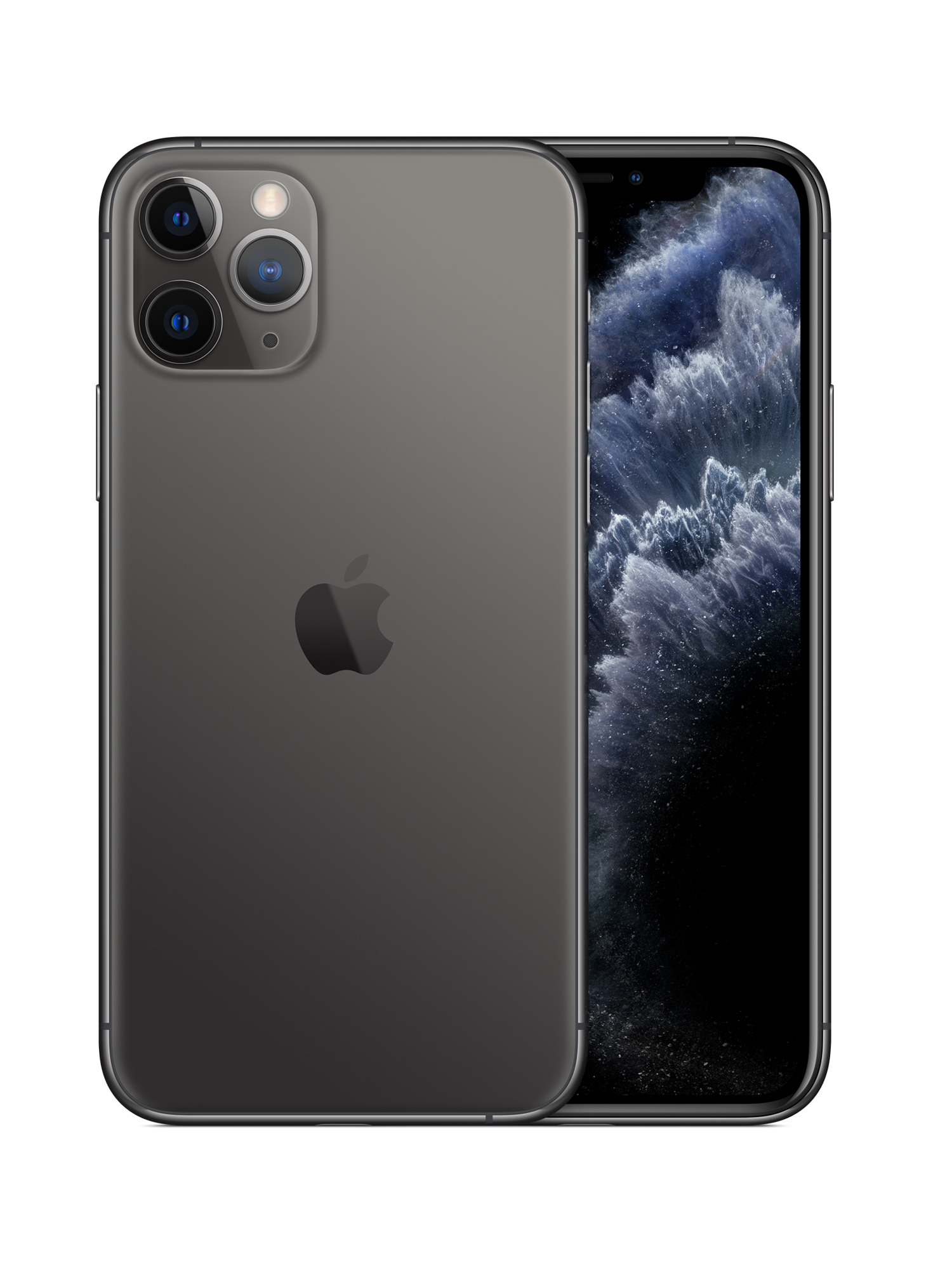 Un iPhone grigio scuro, che mostra la sua parte posteriore con il logo Apple e la tripla fotocamera.