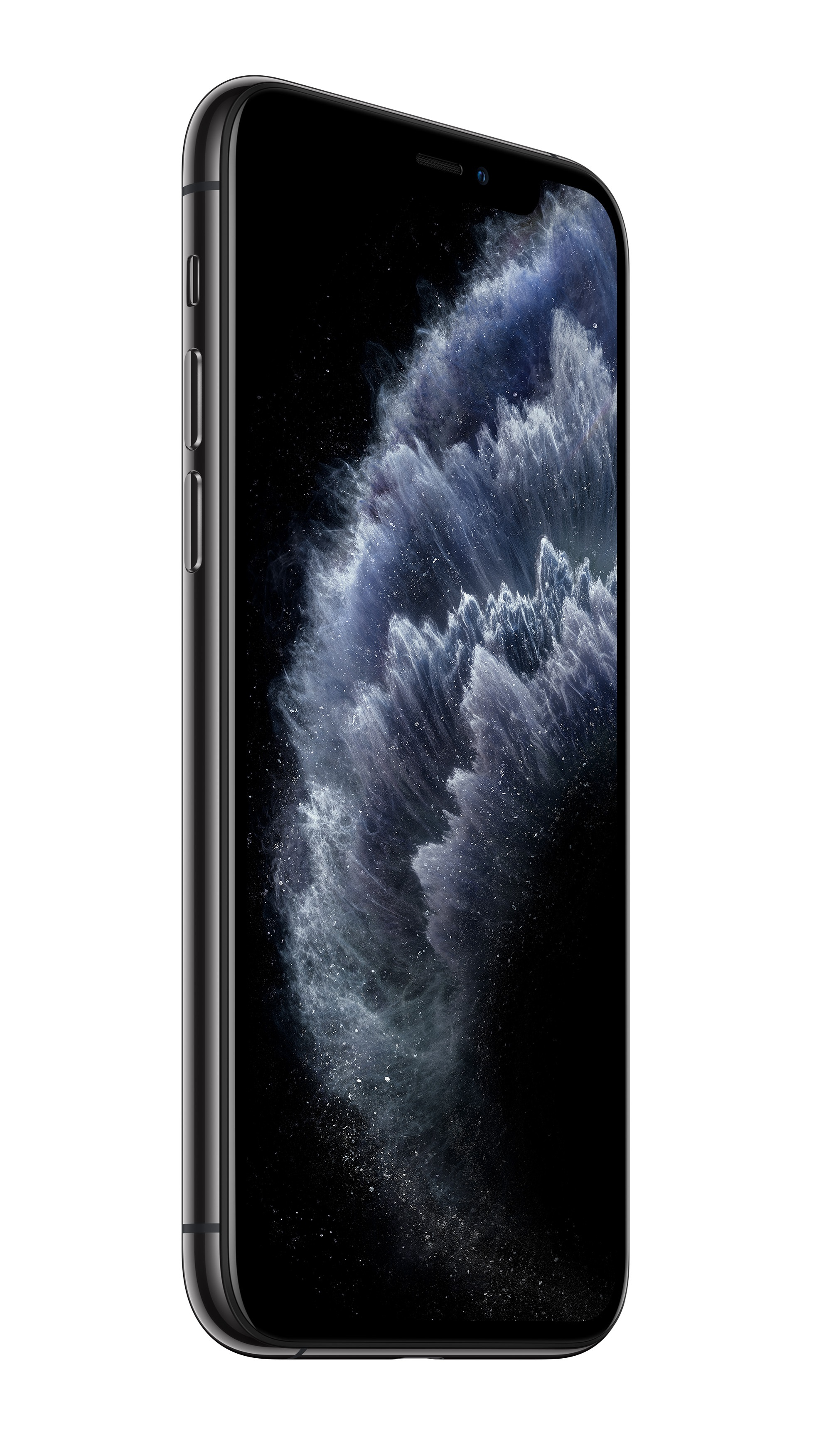 Smartphone nero. Lo schermo mostra un'immagine scura e nuvolosa.