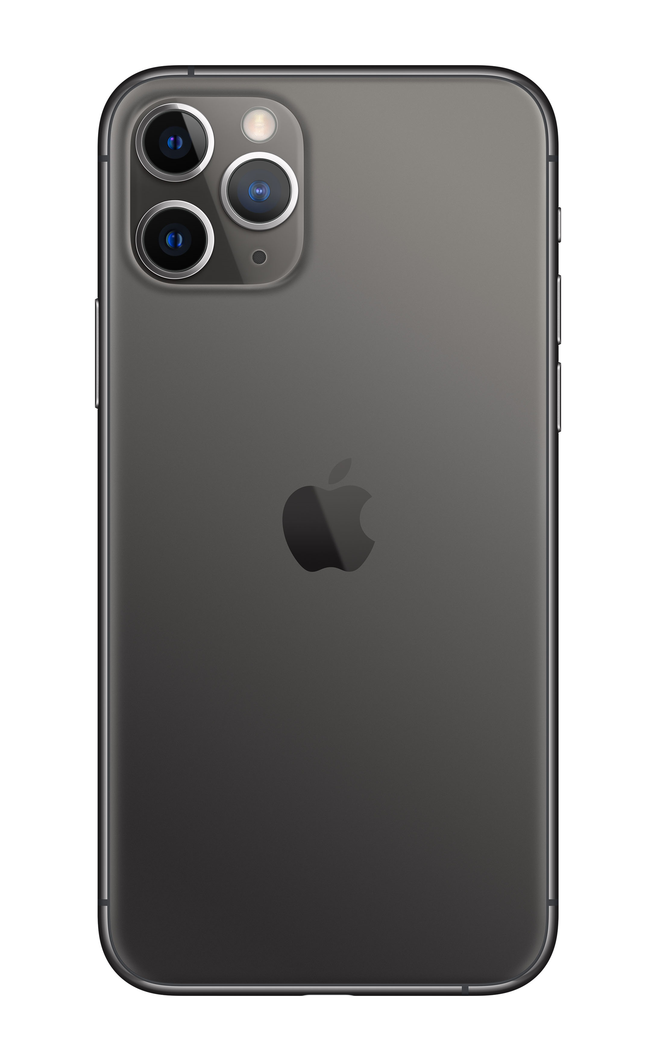 Un iPhone grigio con tre fotocamere, logo Apple e retro nero su sfondo bianco.