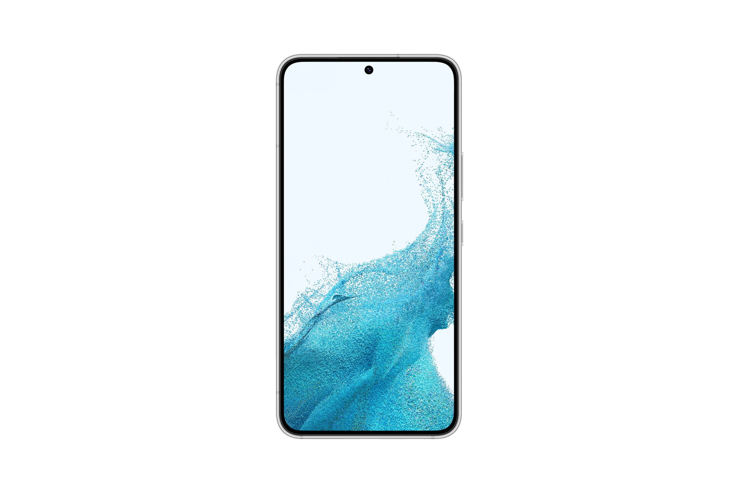 Ein silbernes Smartphone mit einem Bildschirm, der ein blaues, abstraktes Muster und eine kleine Kamera zeigt.