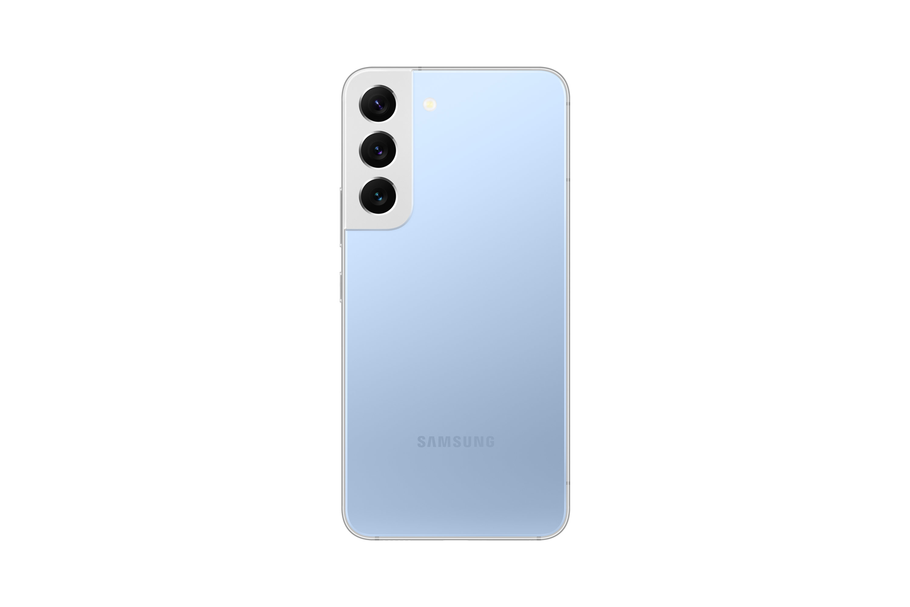 Rückansicht eines hellblauen Telefons. Drei Kameras sind sichtbar. Weißer Hintergrund.