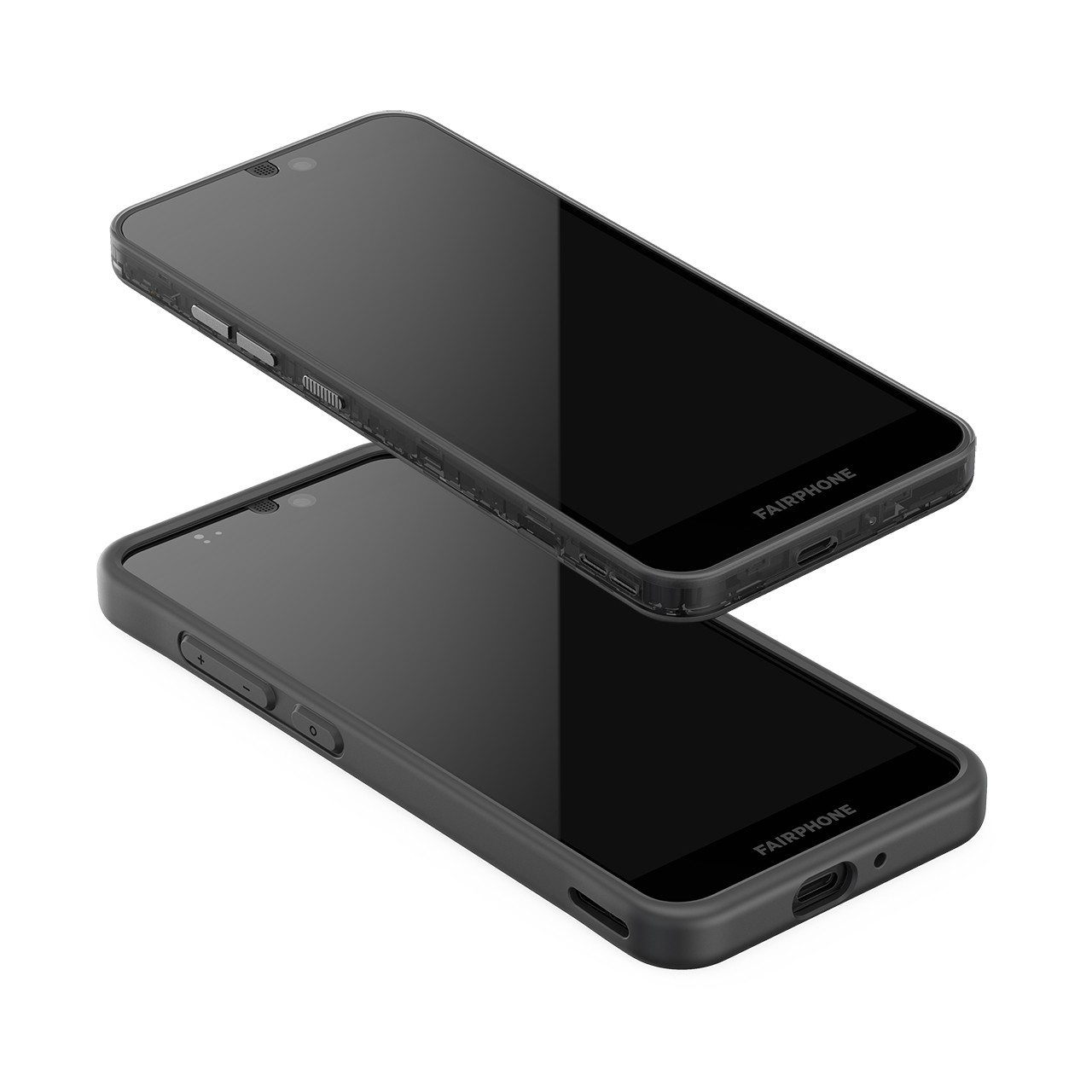 Zwei schwarze Fairphone-Smartphones. Eines oben und leicht angewinkelt, eines unten. Weißer Hintergrund.