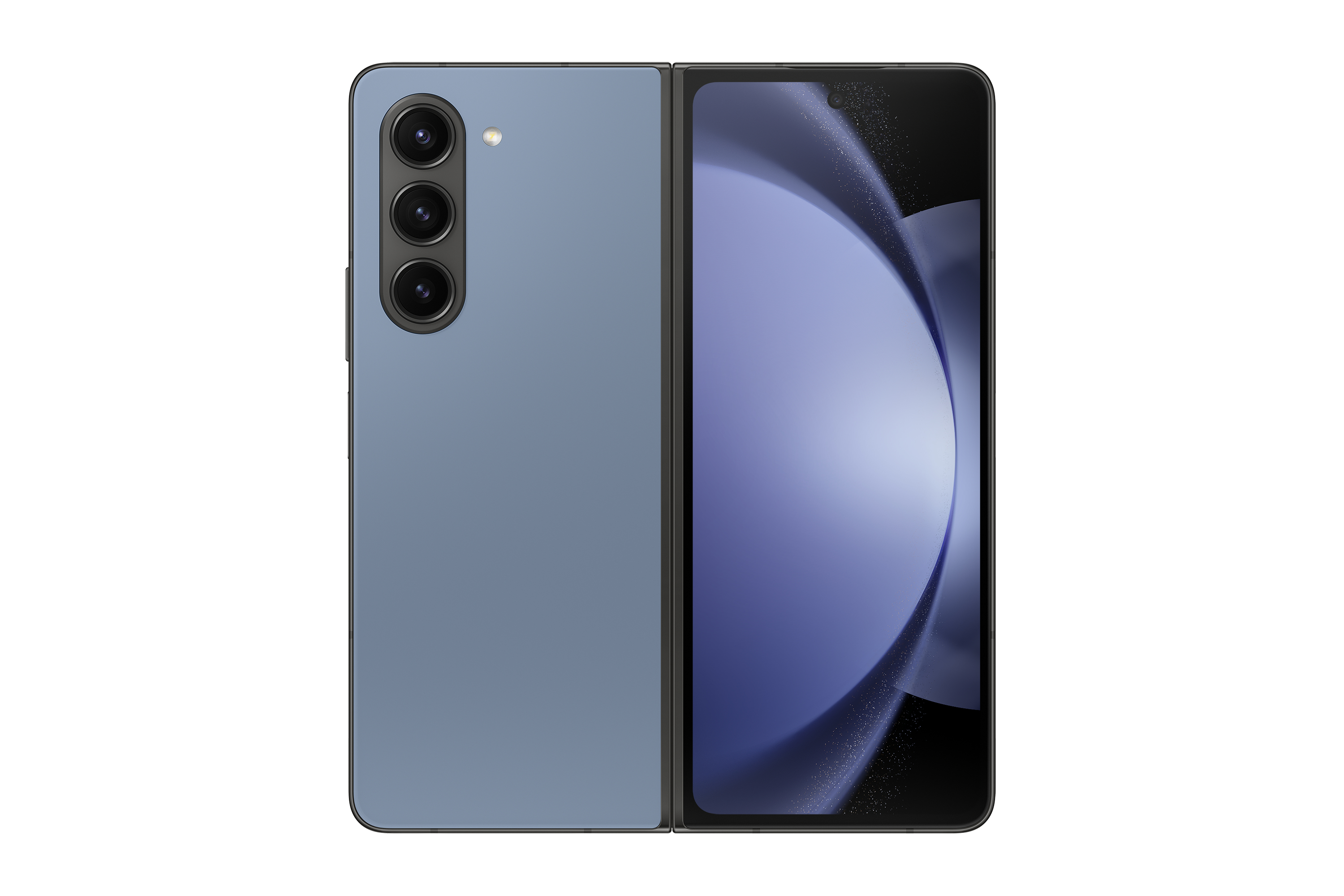 Niebieski składany smartfon, otwarty, pokazujący ekran z tłem i tył z aparatami.