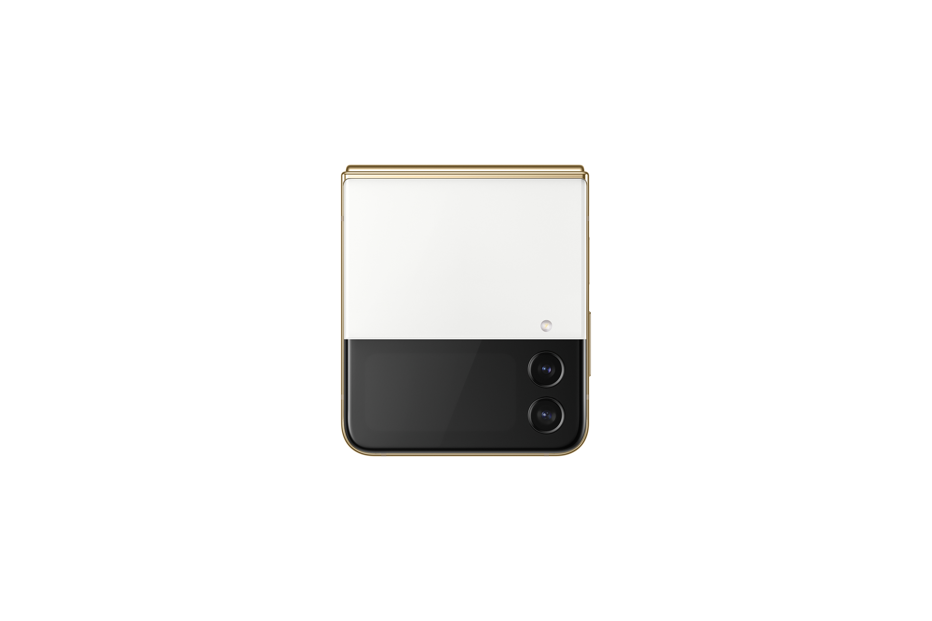 Smartphone plegable, blanco y negro, cerrado, sobre fondo blanco.