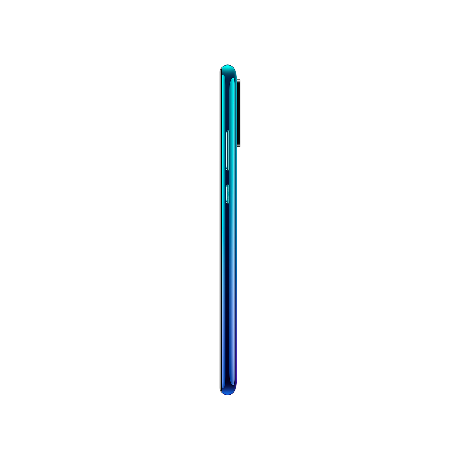 Blaugrünes Smartphone, Seitenansicht, weißer Hintergrund.