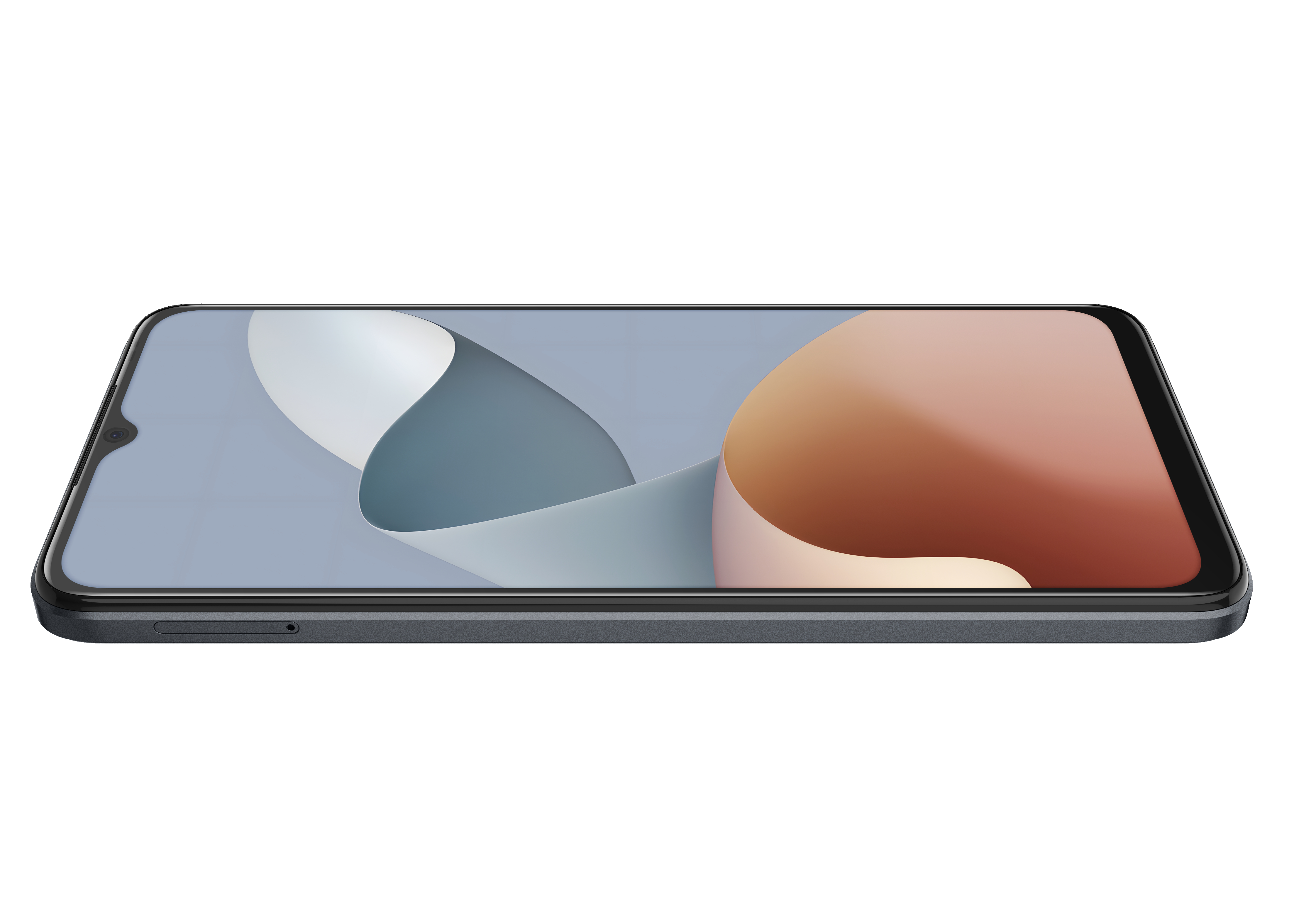 Telefon mit hellblauem und braunem Hintergrundbild. Das Telefon liegt flach auf weißem Hintergrund.