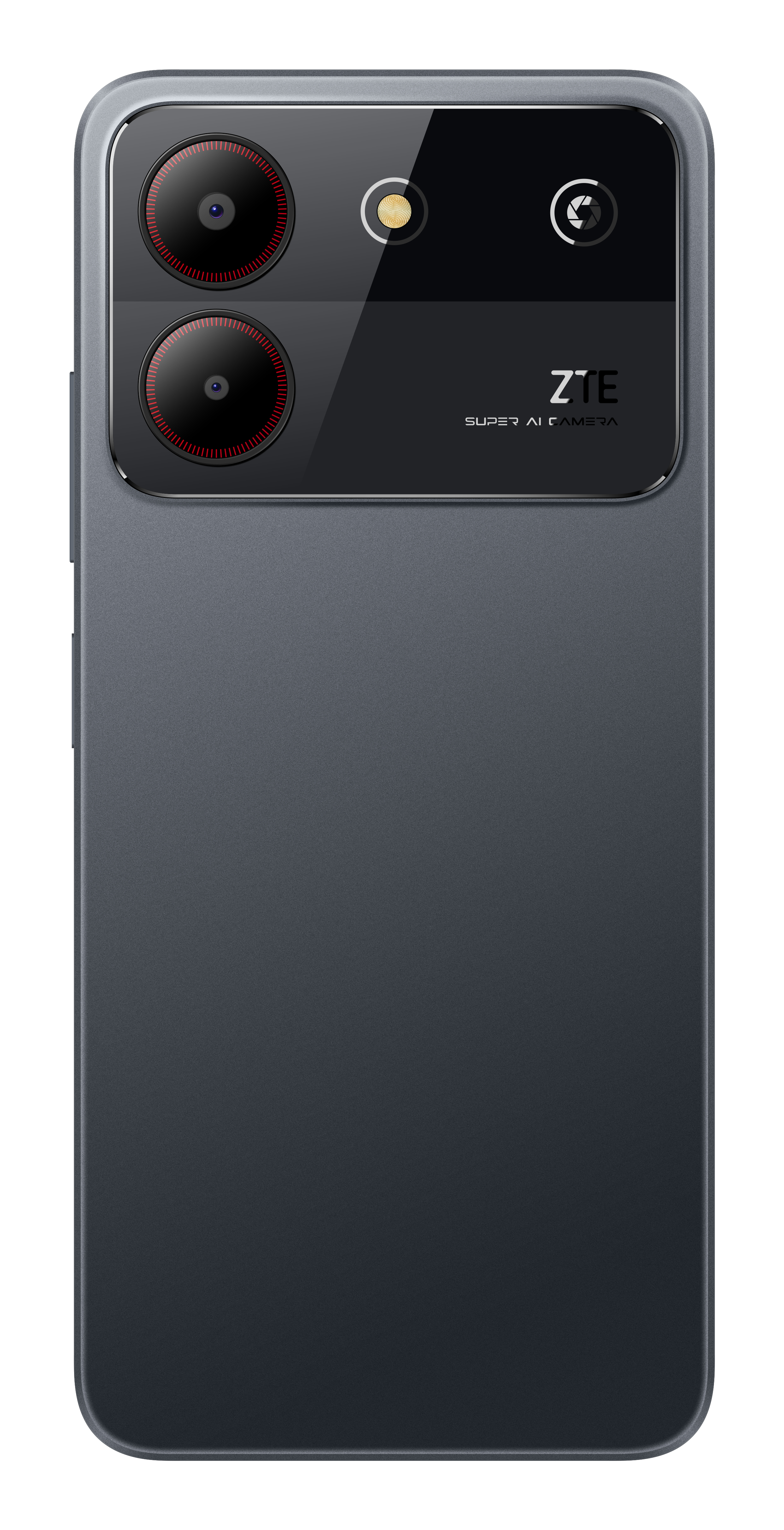 Schwarze Telefonrückseite mit drei rot umrandeten Kameras und dem ZTE-Logo auf weißem Hintergrund.