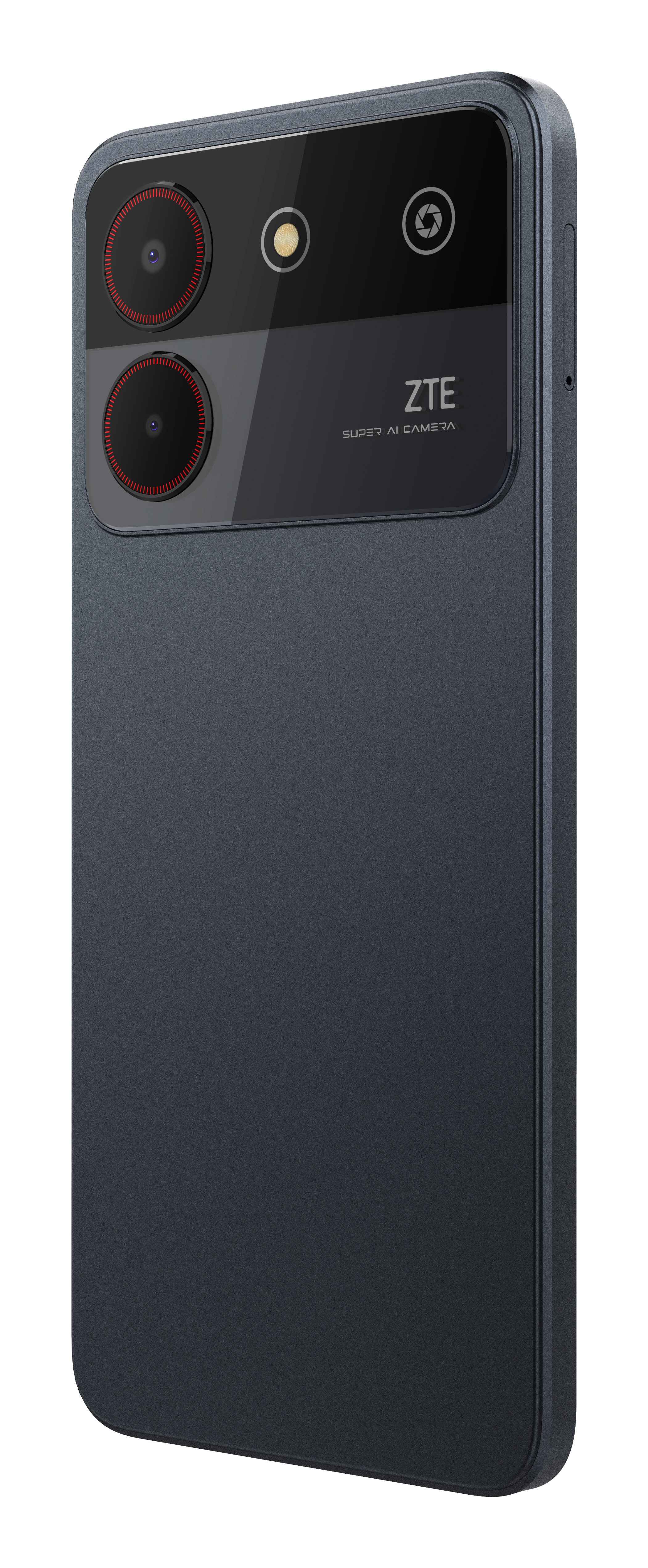 Tył ciemnoszarego smartfona z dwoma aparatami z czerwonymi pierścieniami i logo ZTE.