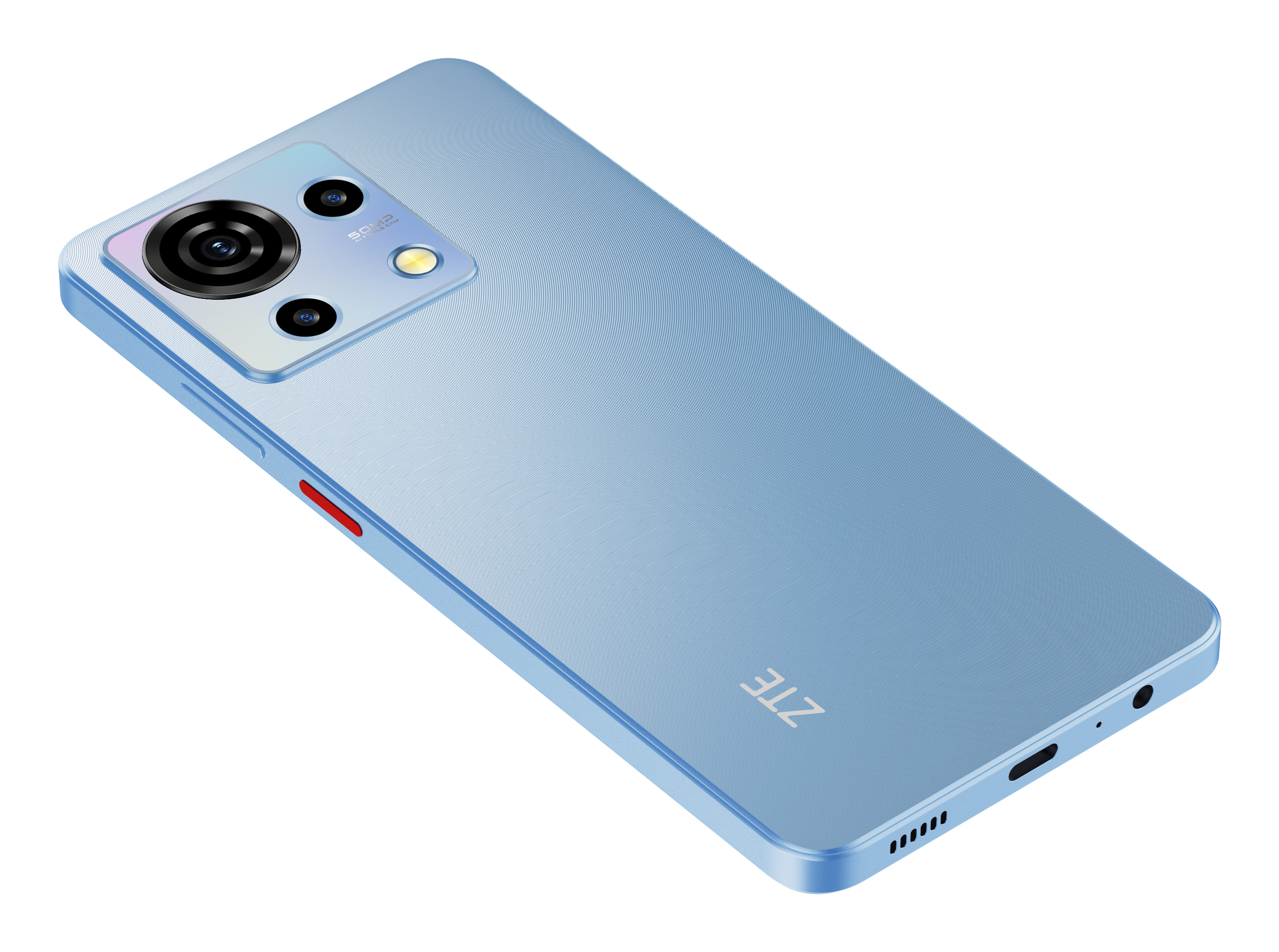 Jasnoniebieski telefon ZTE, widok pod kątem, z aparatami i logo.